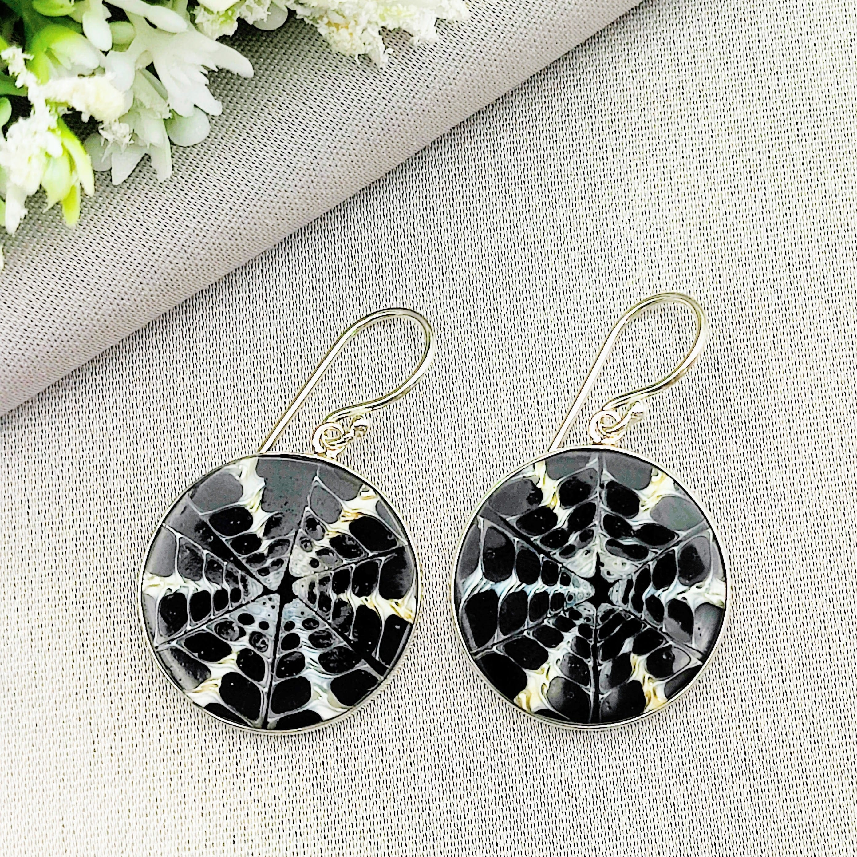 Hepburn and Hughes Seashell Earrings, Black Circle Troca in Sterling Silver