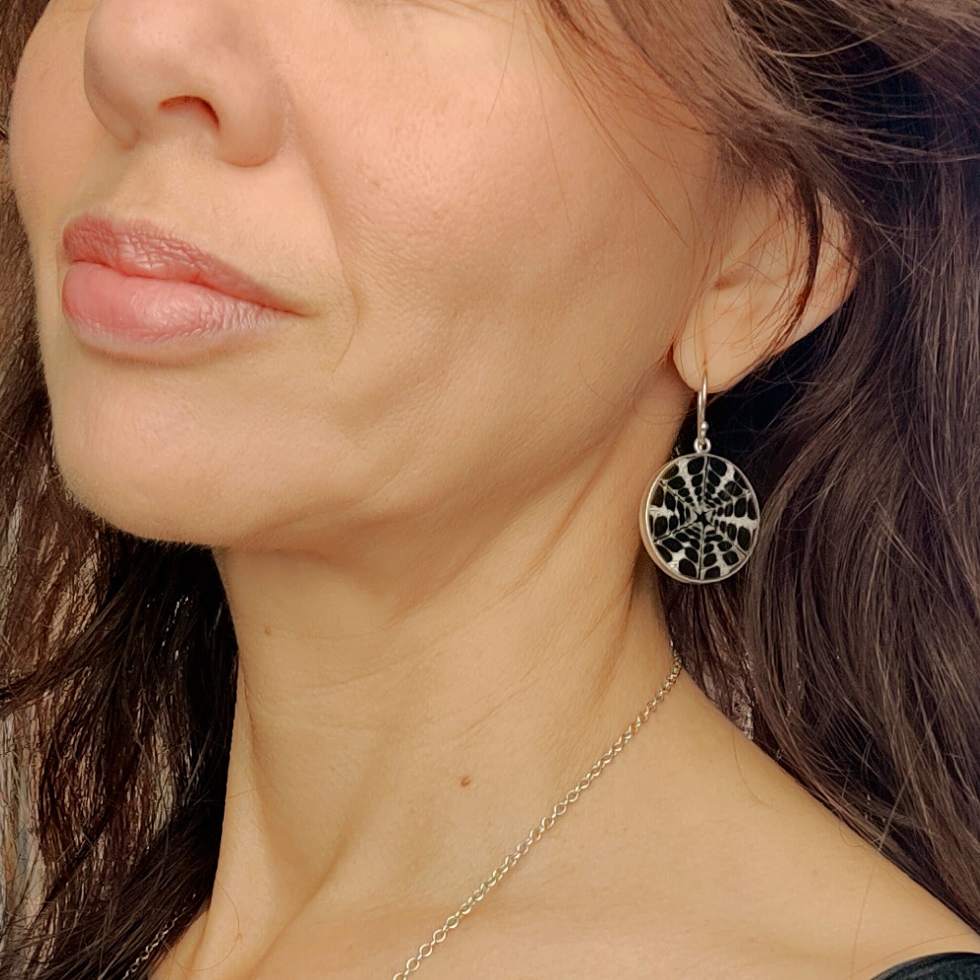 Hepburn and Hughes Seashell Earrings, Black Circle Troca in Sterling Silver