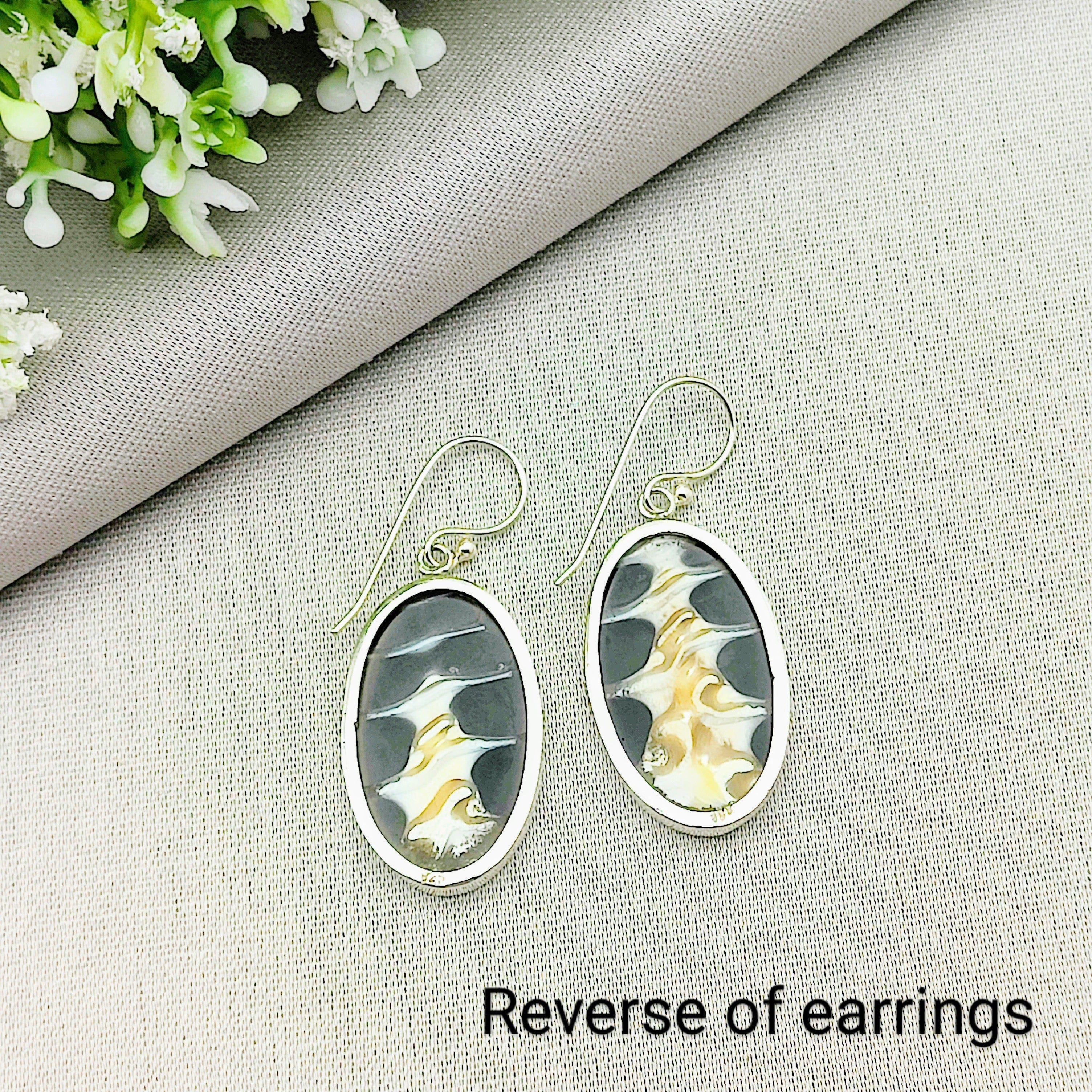 Hepburn and Hughes Seashell Earrings, Black oval Troca in Sterling Silver