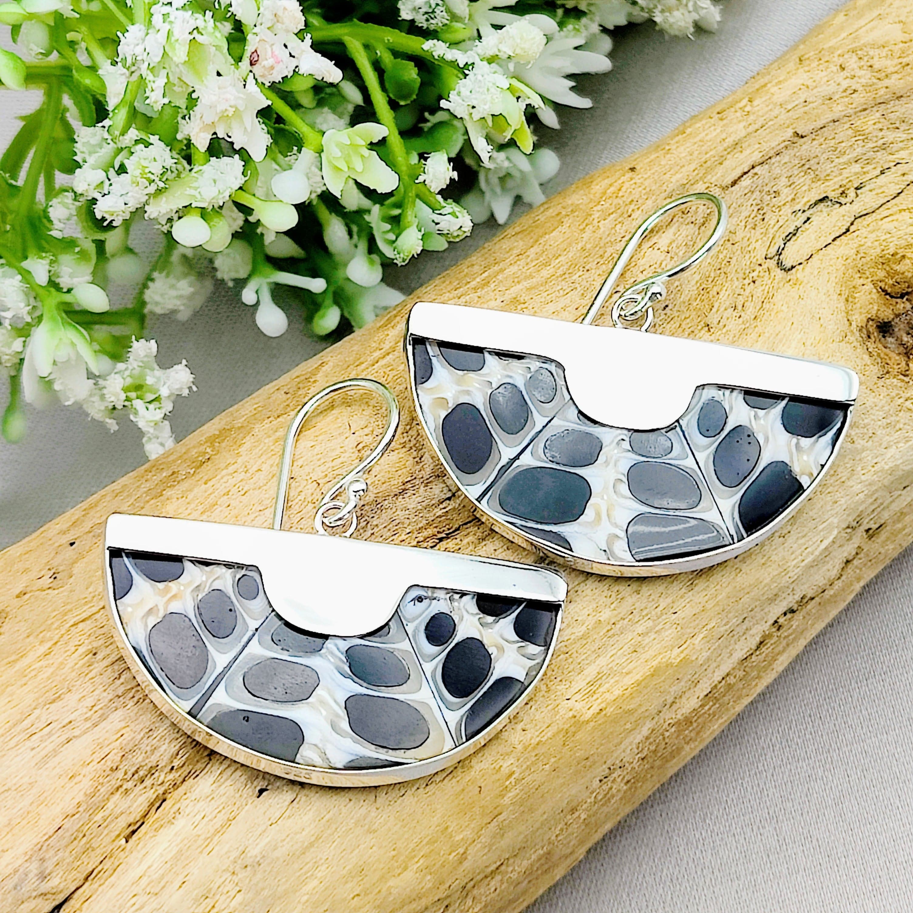Hepburn and Hughes Seashell Earrings, Black Semi Circle Troca in Sterling Silver