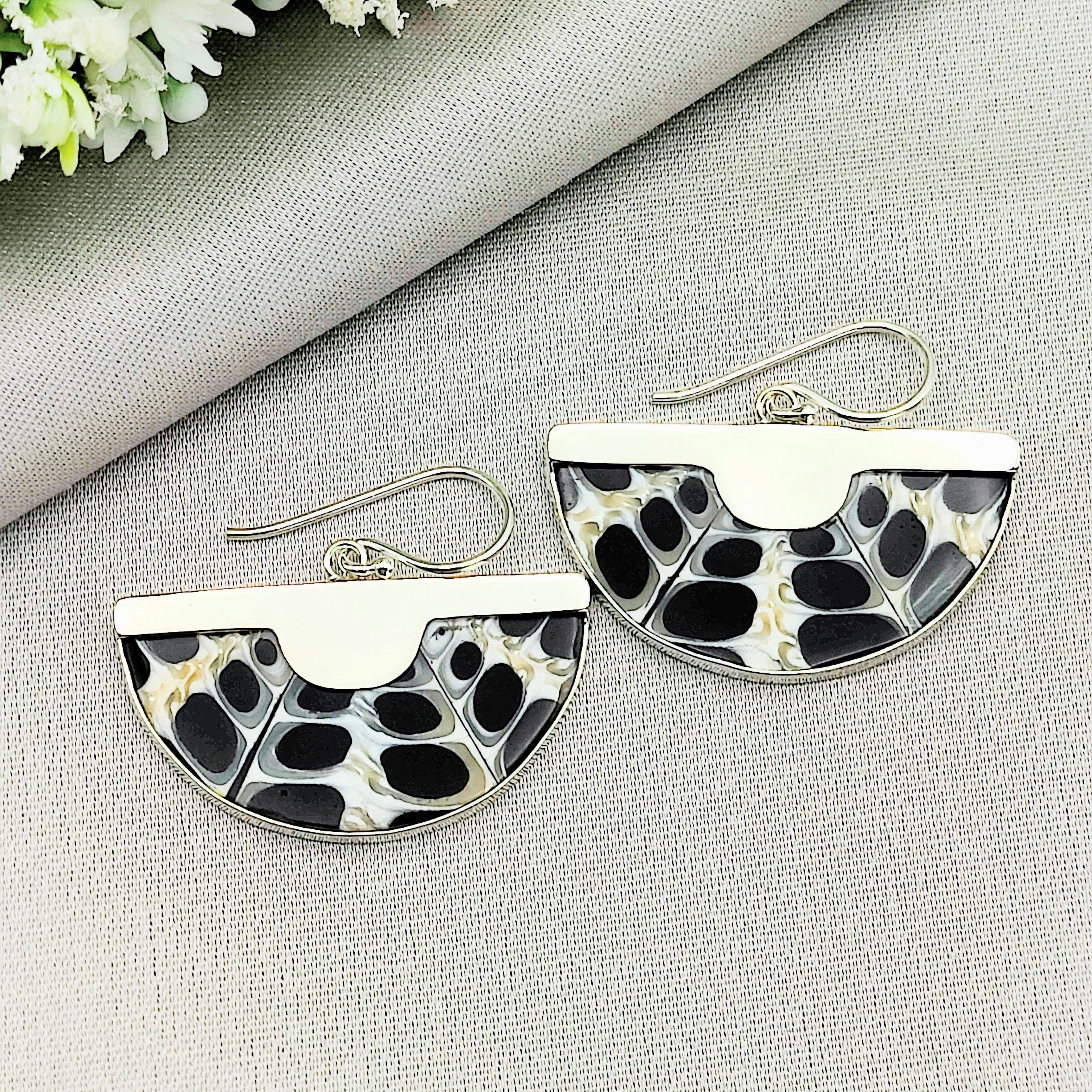 Hepburn and Hughes Seashell Earrings, Black Semi Circle Troca in Sterling Silver