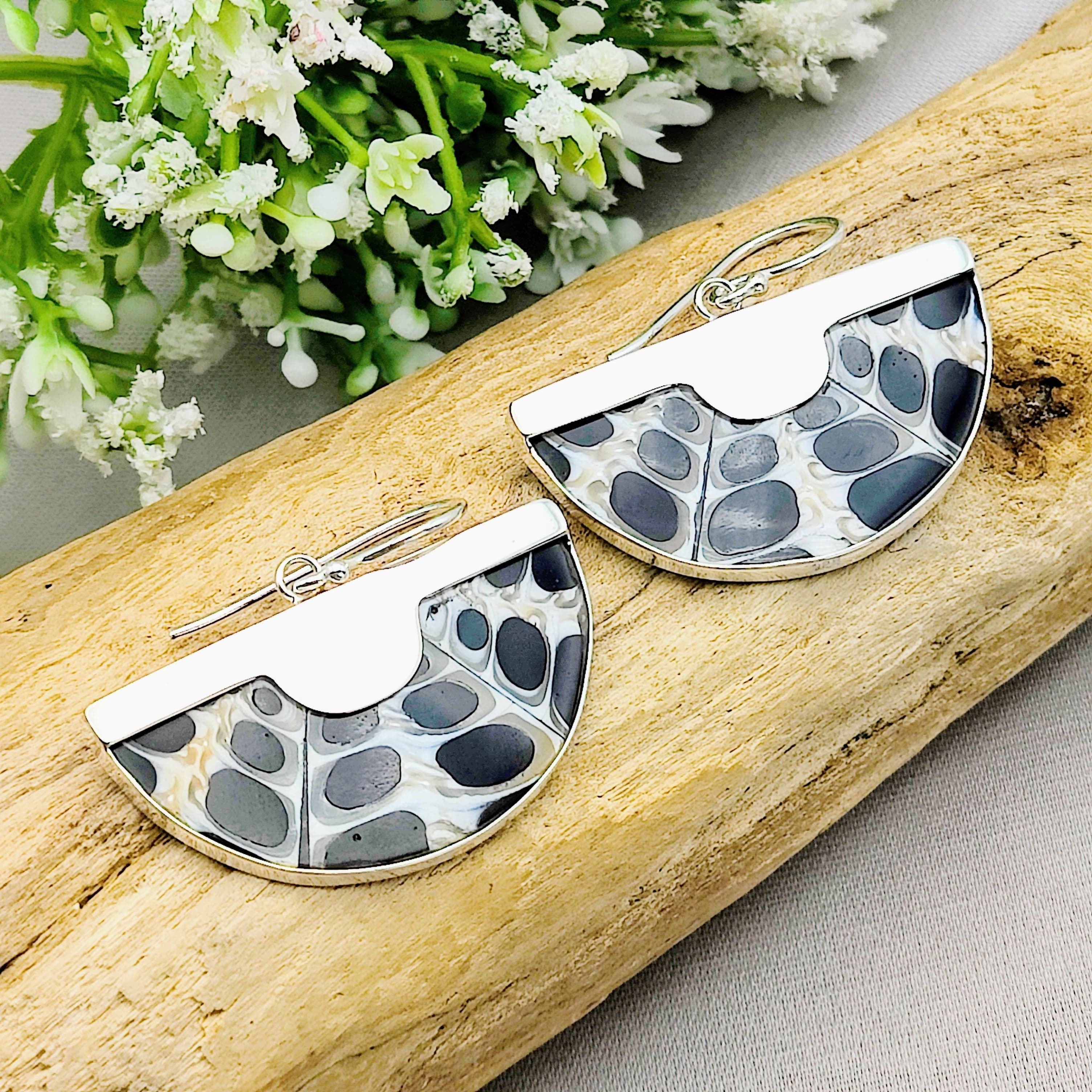 Hepburn and Hughes Seashell Earrings, Black Semi Circle Troca in Sterling Silver