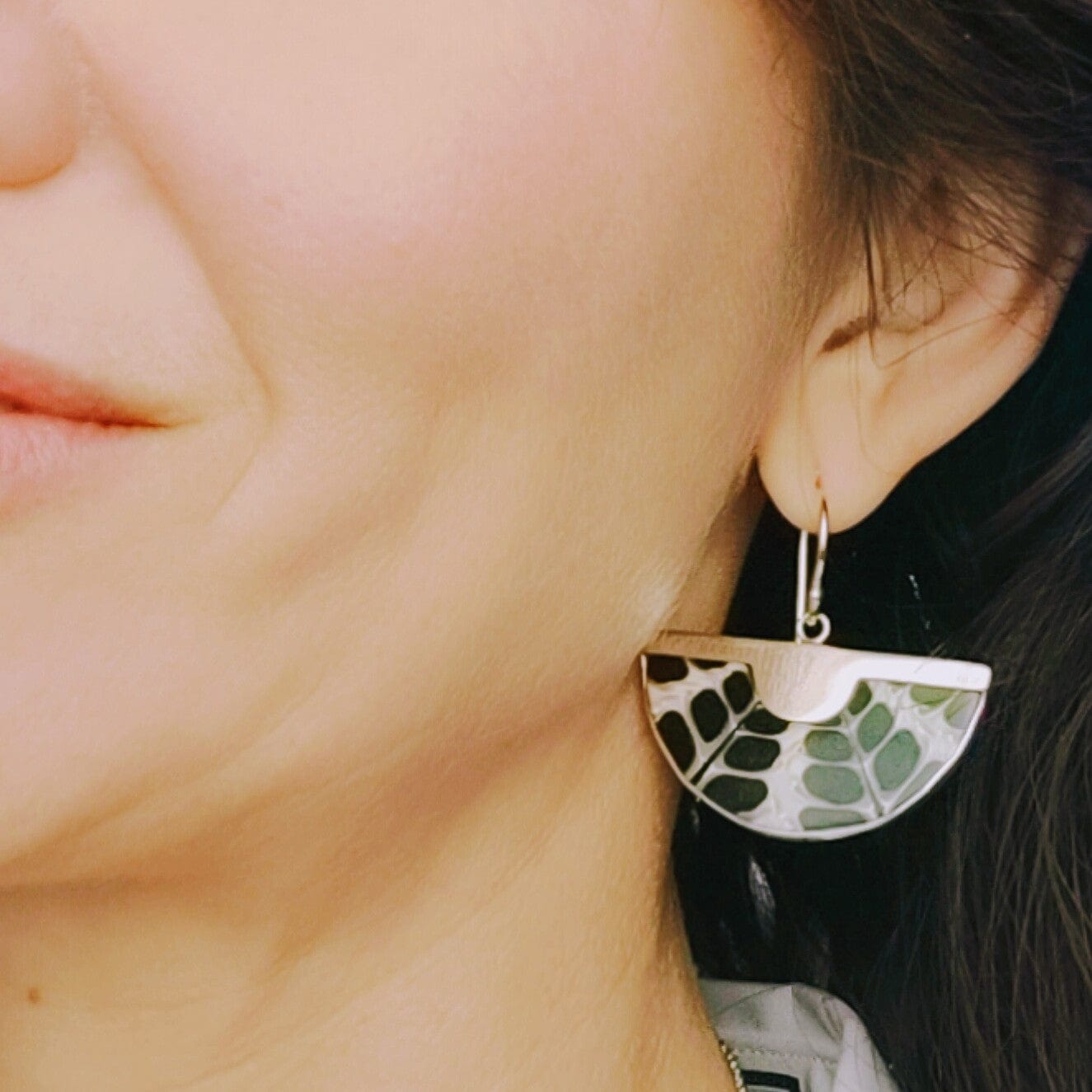 Hepburn and Hughes Seashell Earrings, Black Semi Circle Troca in Sterling Silver