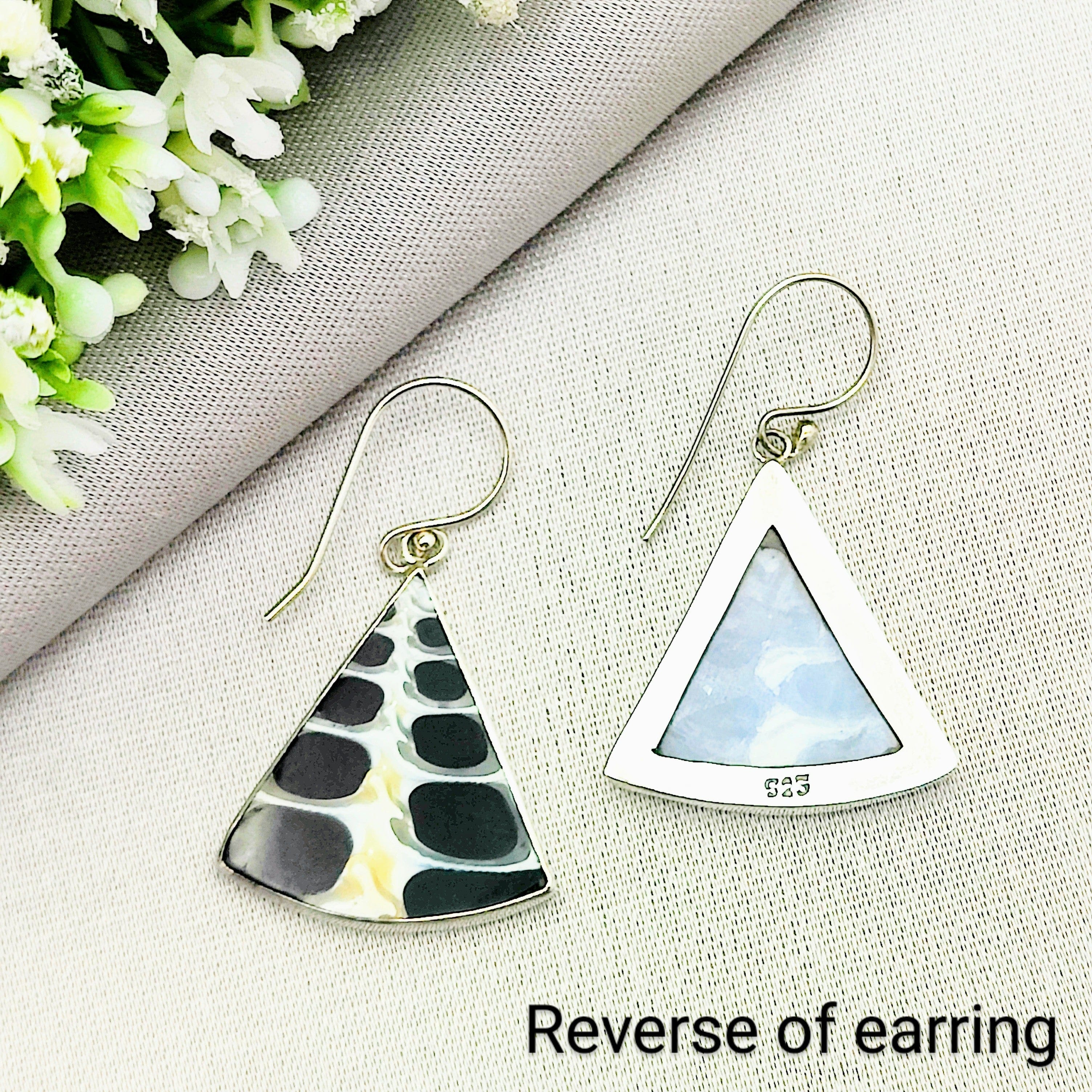 Hepburn and Hughes Seashell Earrings | Black triangle Troca | Sterling Silver