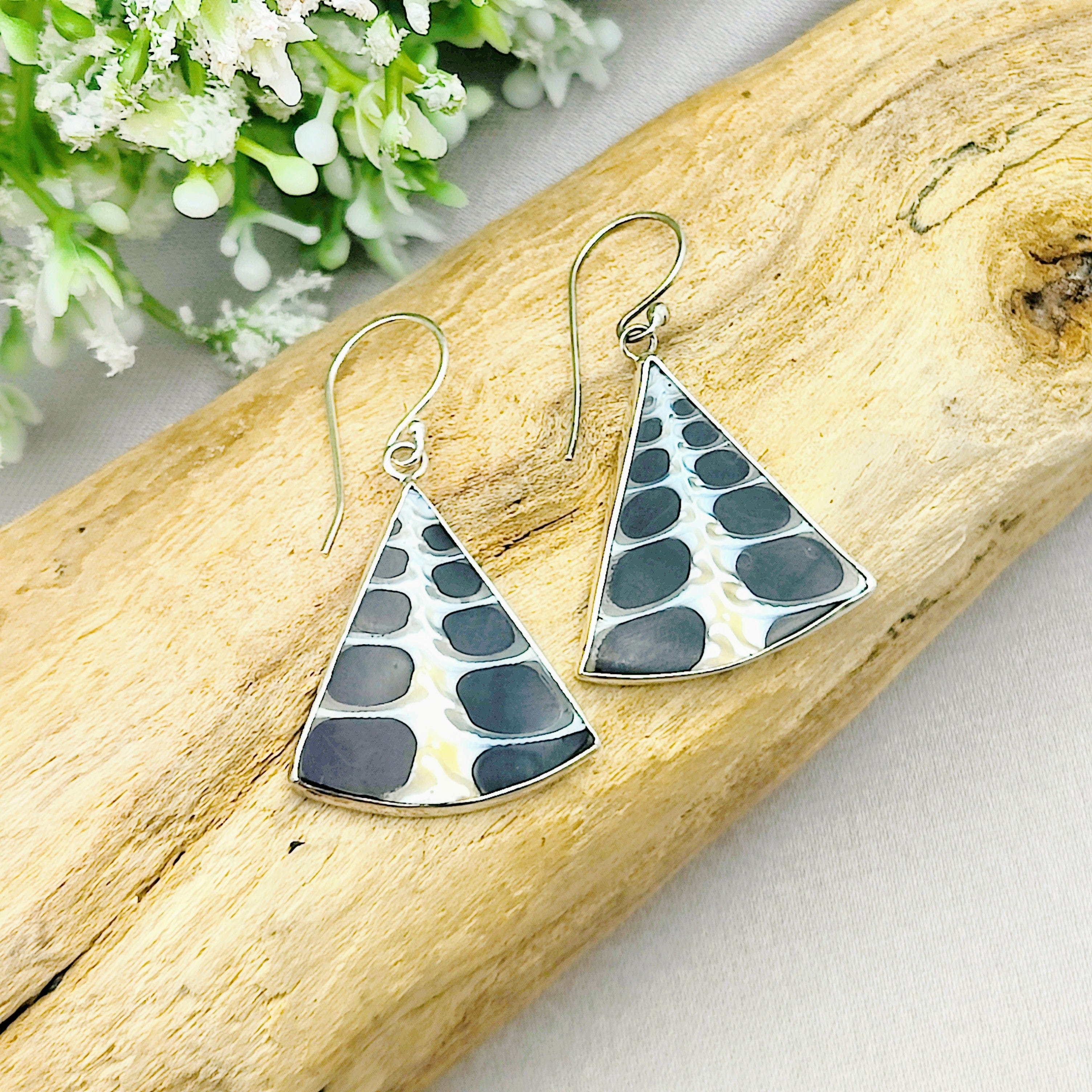 Hepburn and Hughes Seashell Earrings | Black triangle Troca | Sterling Silver