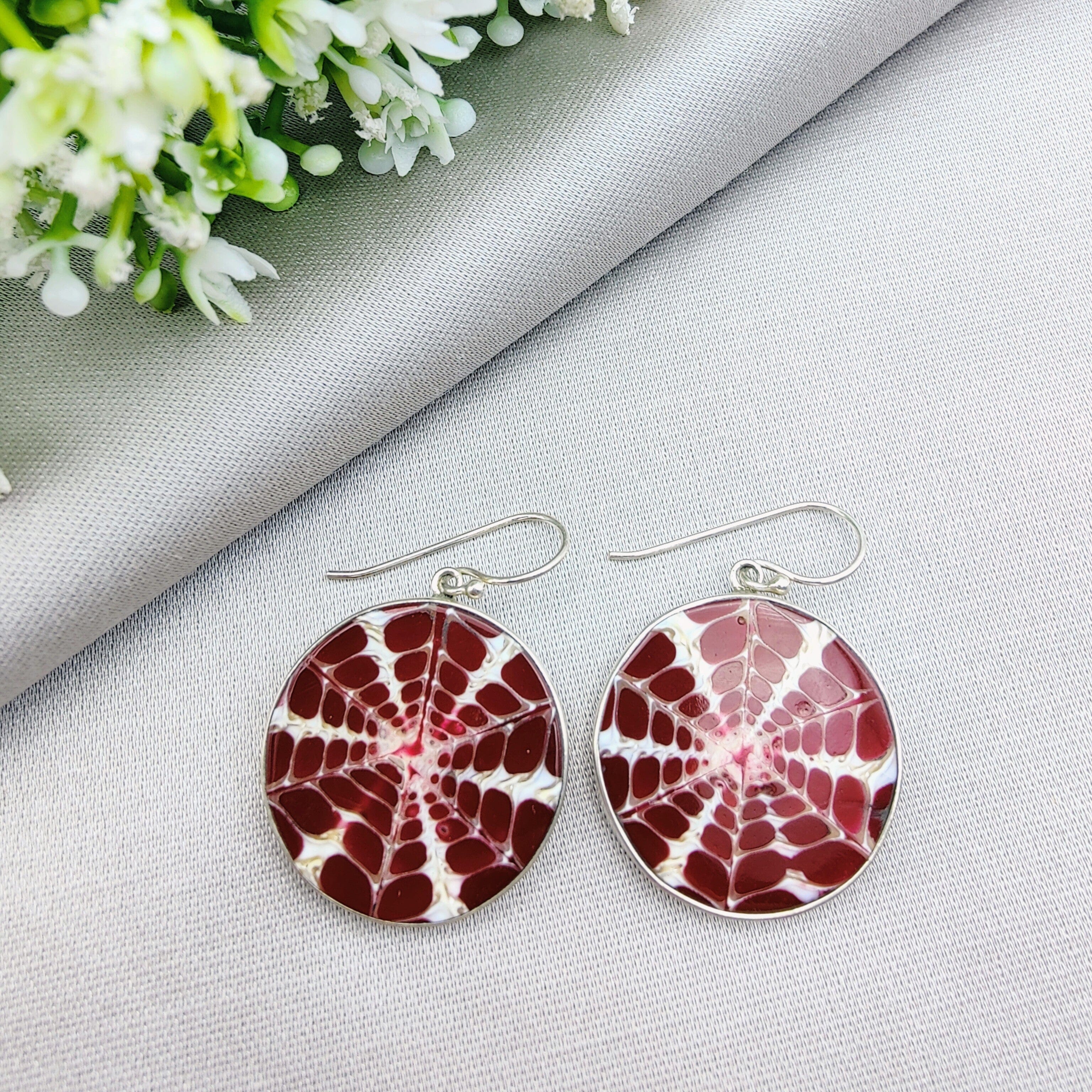 Hepburn and Hughes Seashell Earrings, Burgundy Circle Troca in Sterling Silver