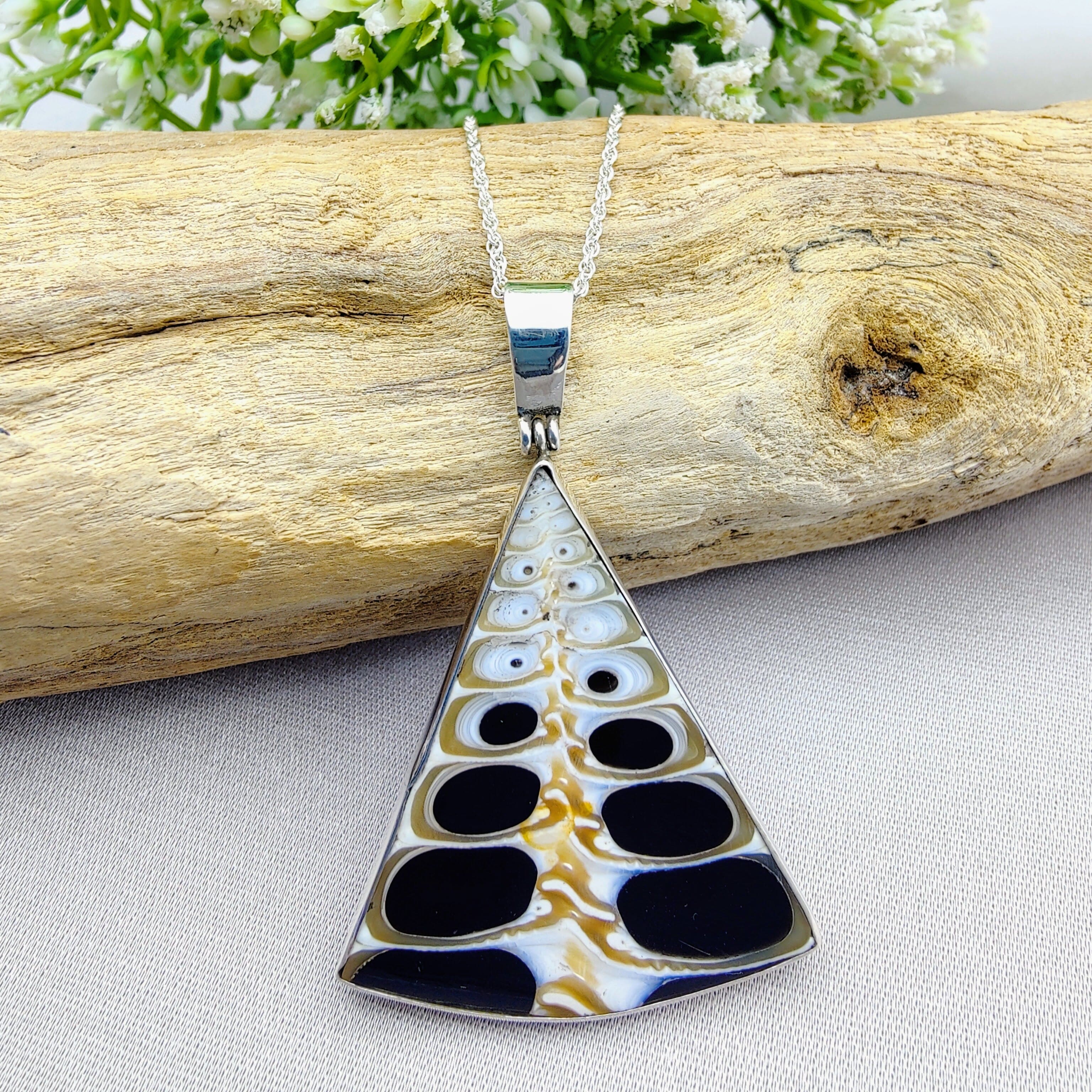 Hepburn and Hughes Seashell Pendant, Black Large Single Fan Troca in Sterling Silver