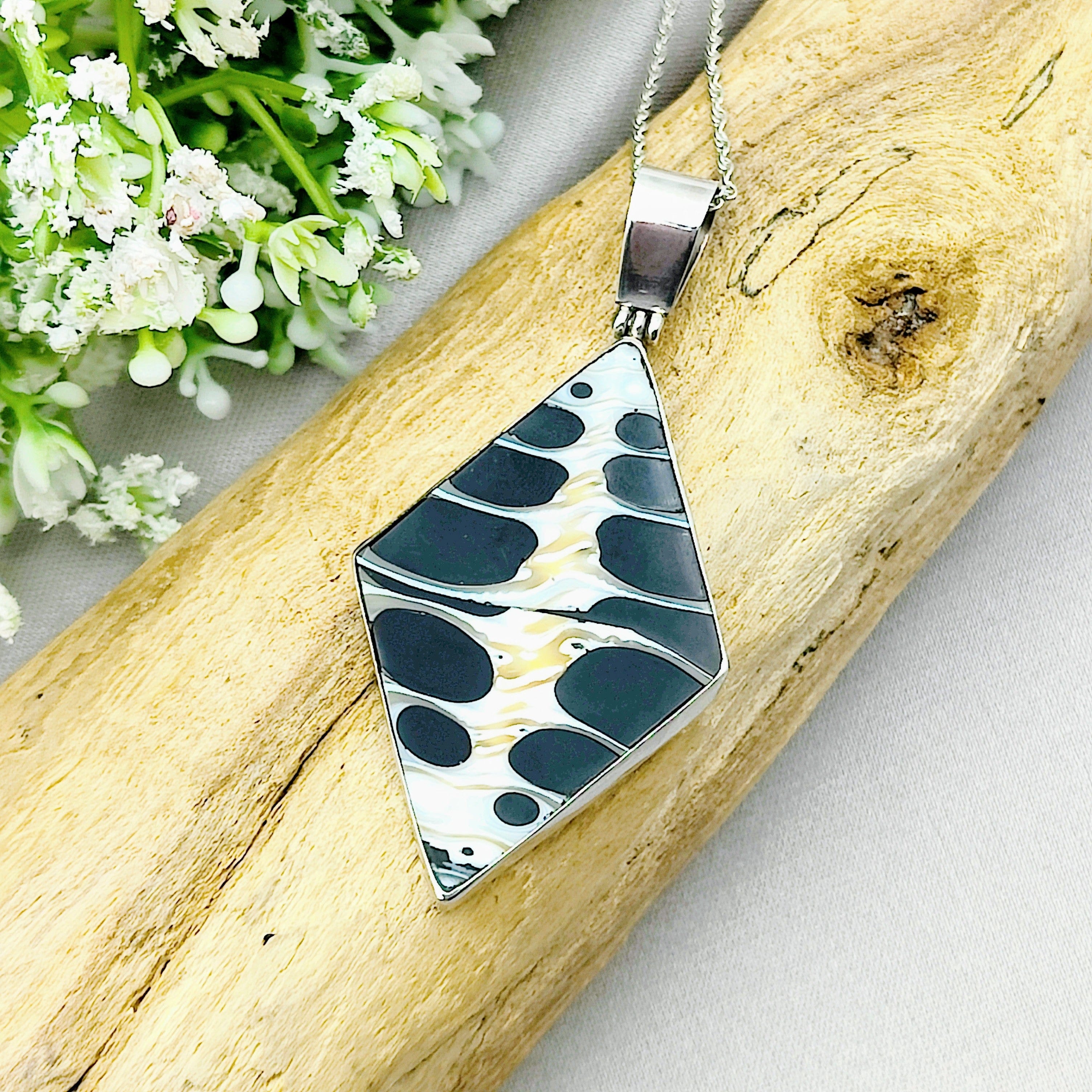 Hepburn and Hughes Seashell Pendant, Black medium diamond troca in Sterling Silver