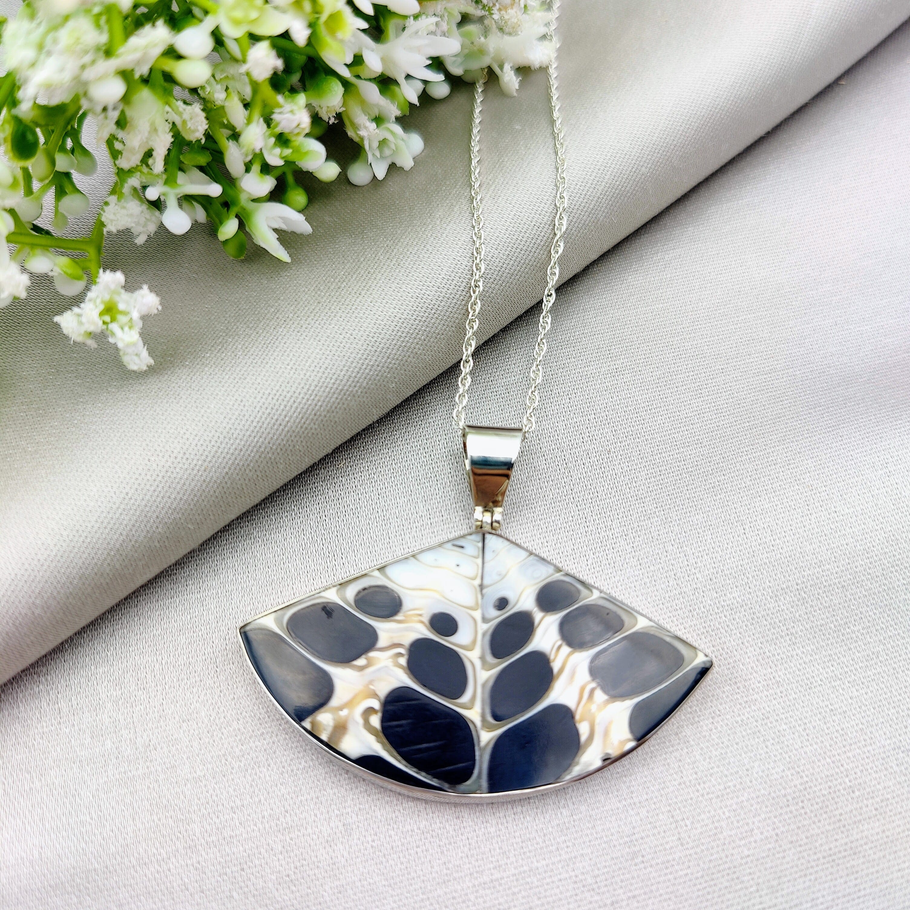 Hepburn and Hughes Seashell Pendant, Black Medium Fan Troca in Sterling Silver