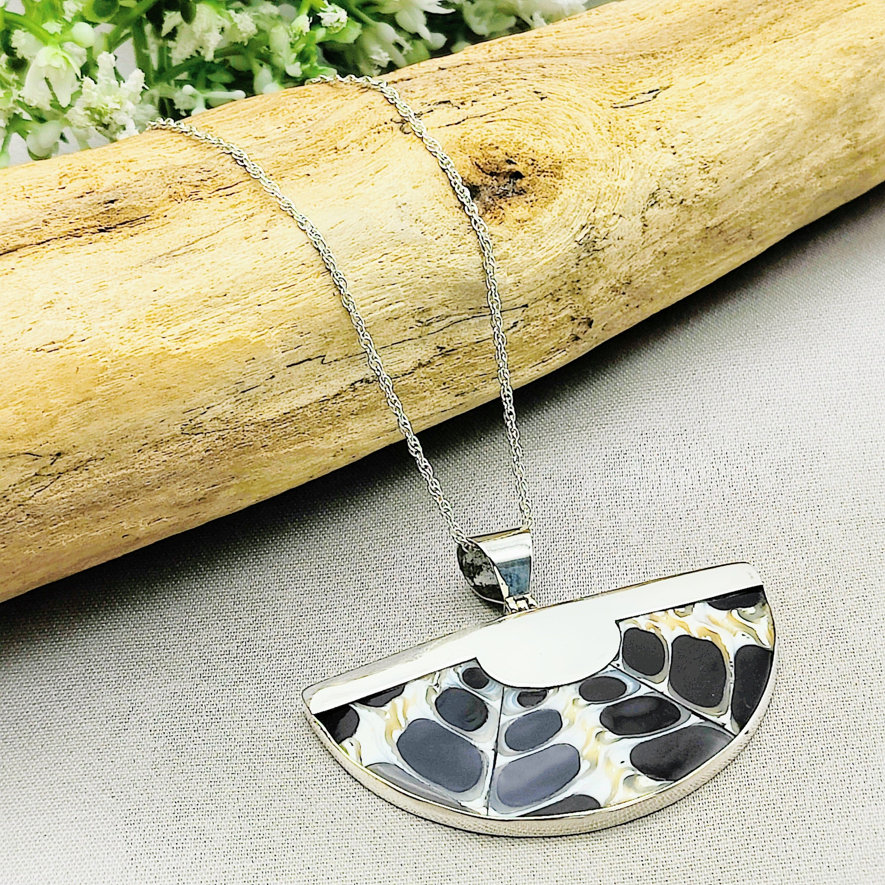 Hepburn and Hughes Seashell Pendant, large semi circular Troca in Sterling Silver