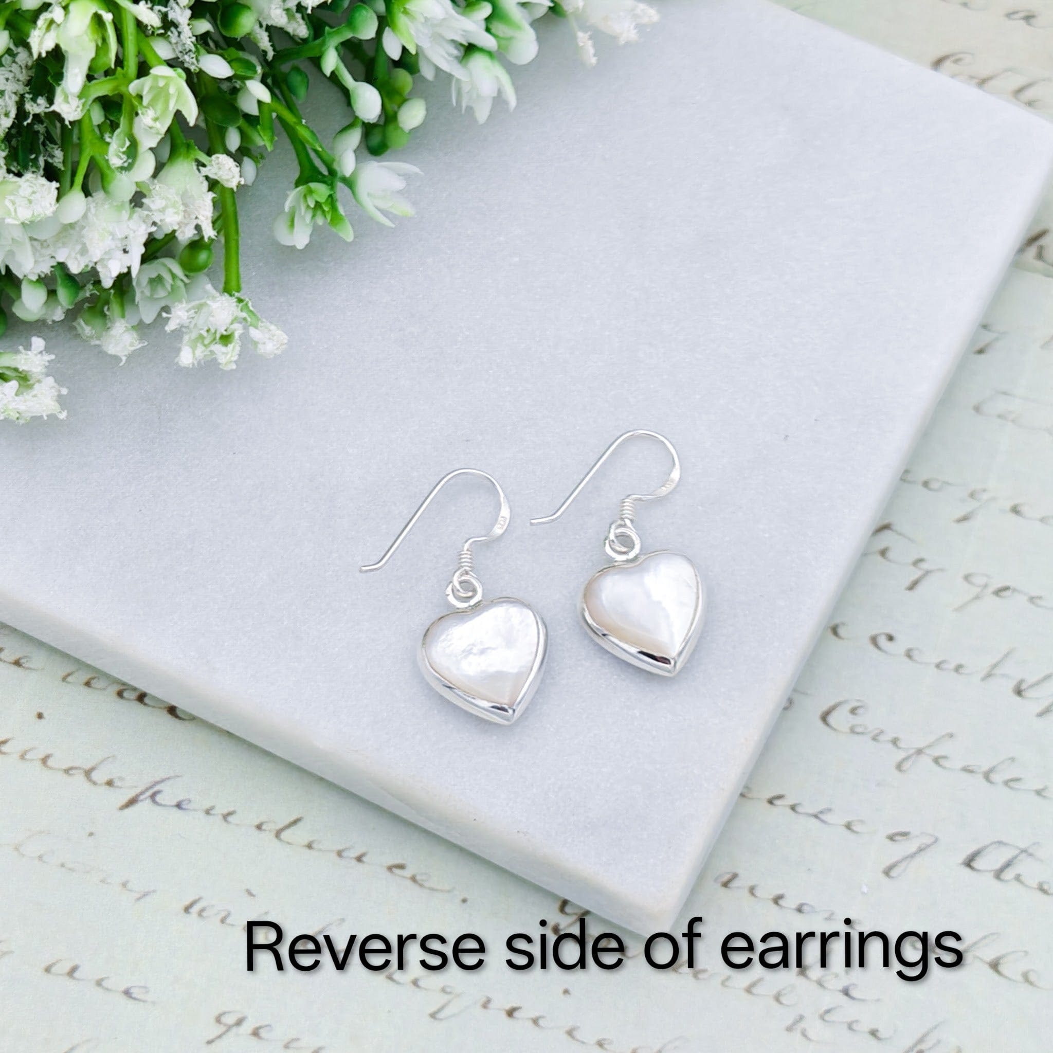 Hepburn and Hughes Shiva Eye Earrings | Mother of Pearl on Reverse | Heart Shaped | Sterling Silver