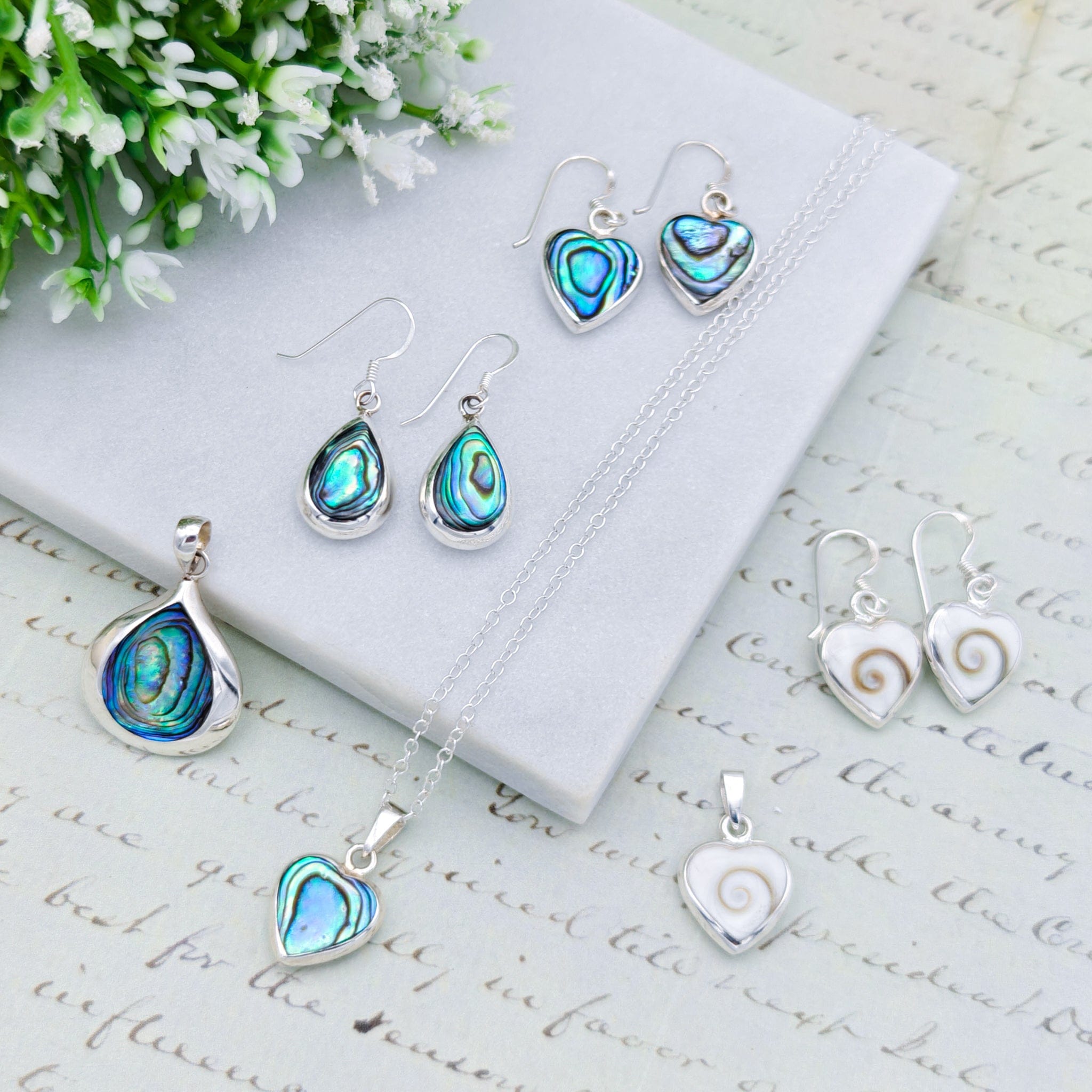 Hepburn and Hughes Shiva Eye Earrings | Mother of Pearl on Reverse | Heart Shaped | Sterling Silver