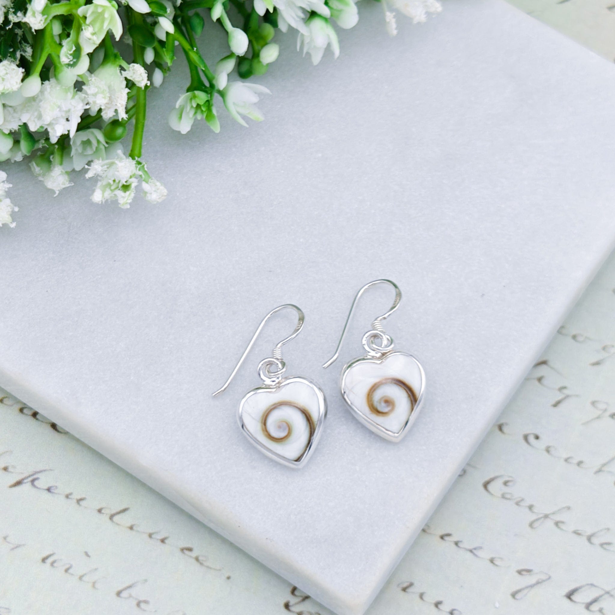 Hepburn and Hughes Shiva Eye Earrings | Mother of Pearl on Reverse | Heart Shaped | Sterling Silver