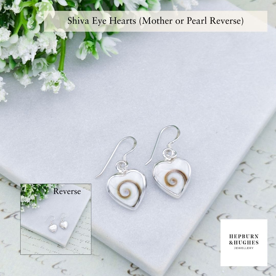 Hepburn and Hughes Shiva Eye Earrings | Mother of Pearl on Reverse | Heart Shaped | Sterling Silver