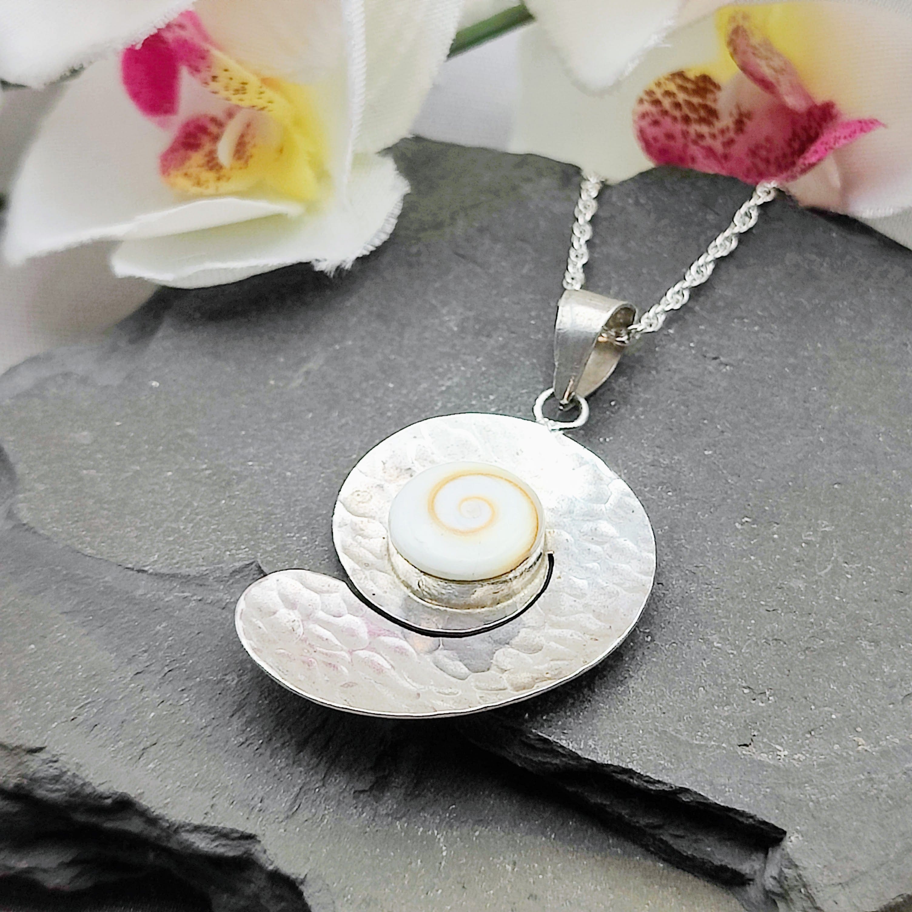 Hepburn and Hughes Shiva Eye Shell Pendant | Hammered Swirl | Sterling Silver
