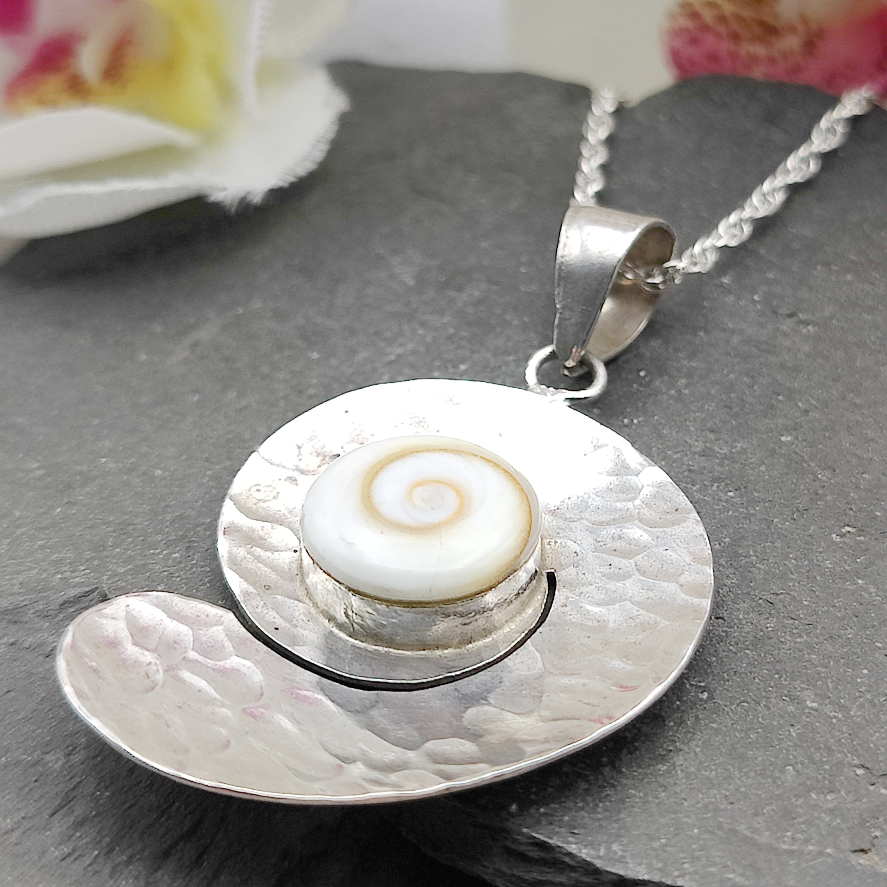 Hepburn and Hughes Shiva Eye Shell Pendant | Hammered Swirl | Sterling Silver