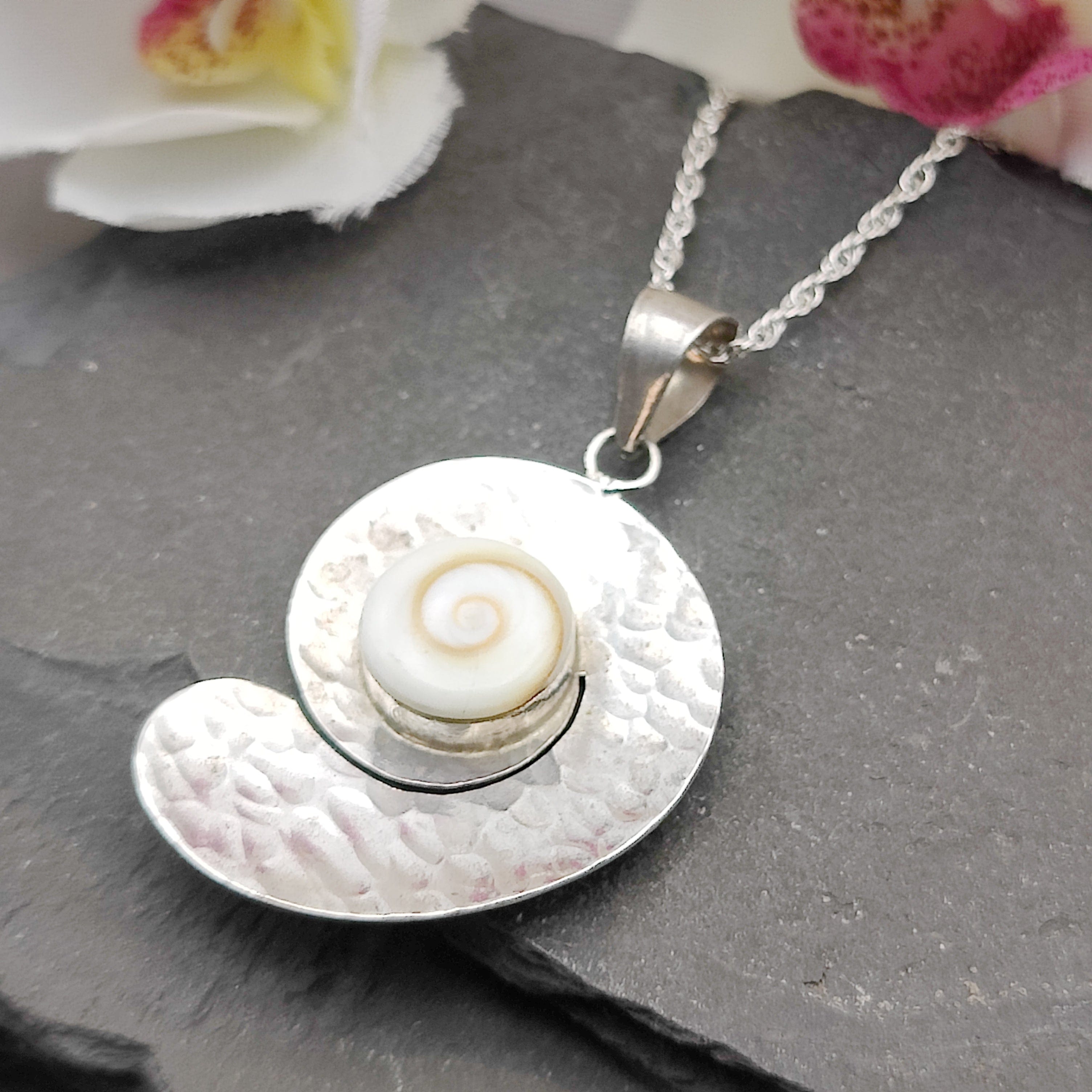 Hepburn and Hughes Shiva Eye Shell Pendant | Hammered Swirl | Sterling Silver