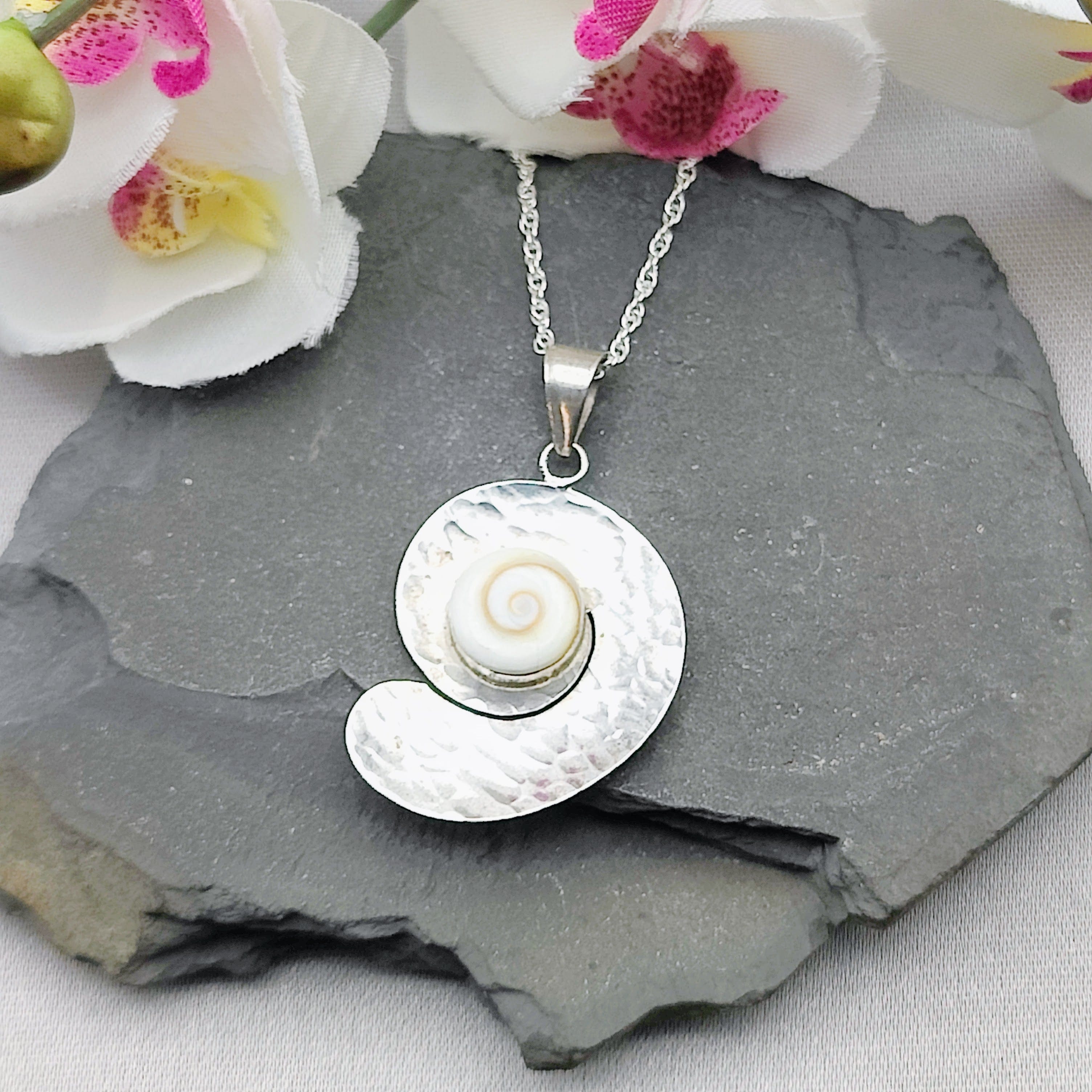 Hepburn and Hughes Shiva Eye Shell Pendant | Hammered Swirl | Sterling Silver