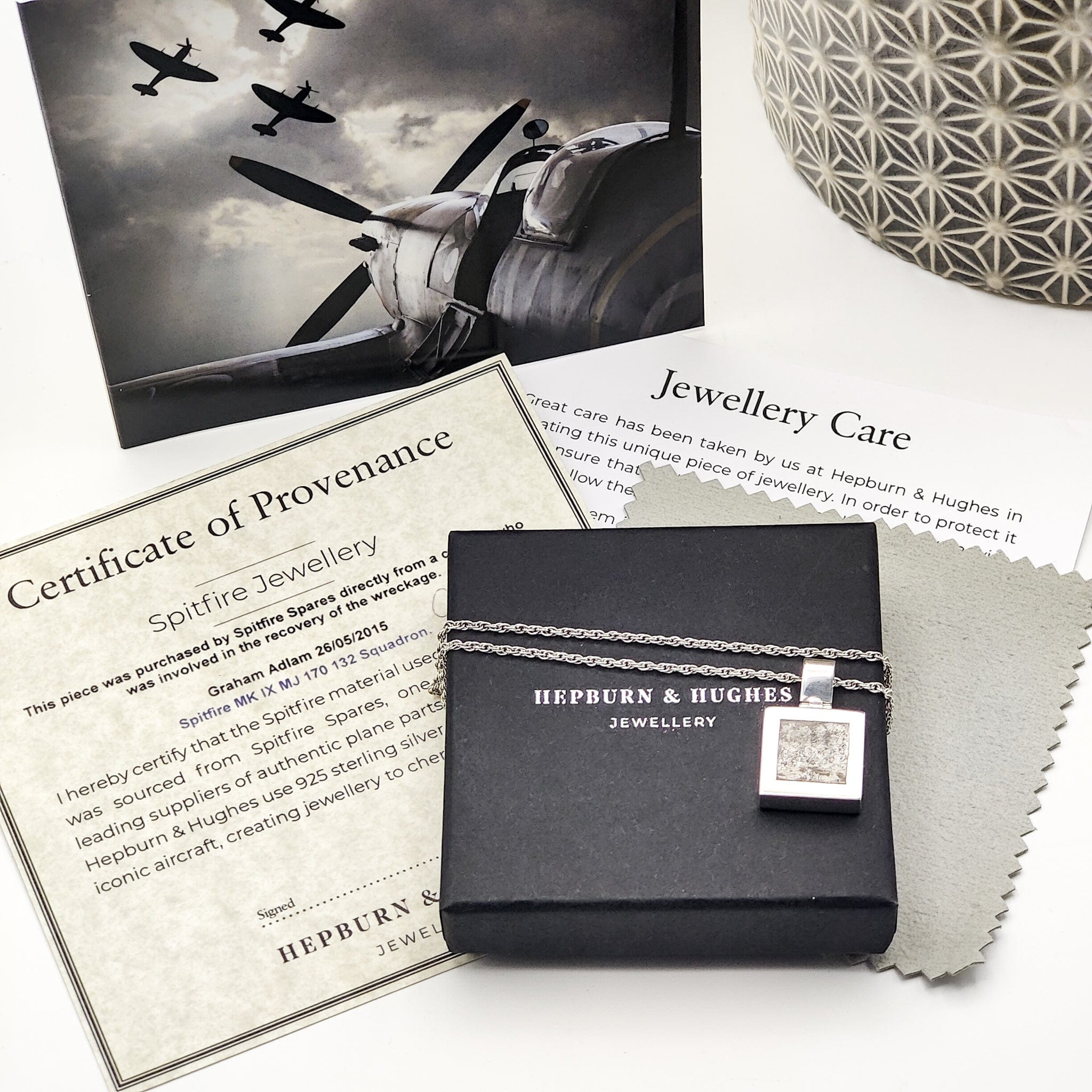 Hepburn and Hughes Spitfire Pendant in Sterling Silver | Made with Original Fuselage | Square or Rectangle