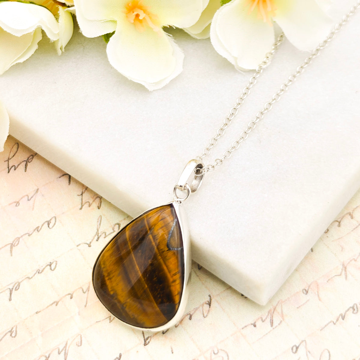 Hepburn and Hughes Tiger's Eye Pendant in Sterling Silver | 18th anniversary Gift and June Birthstone