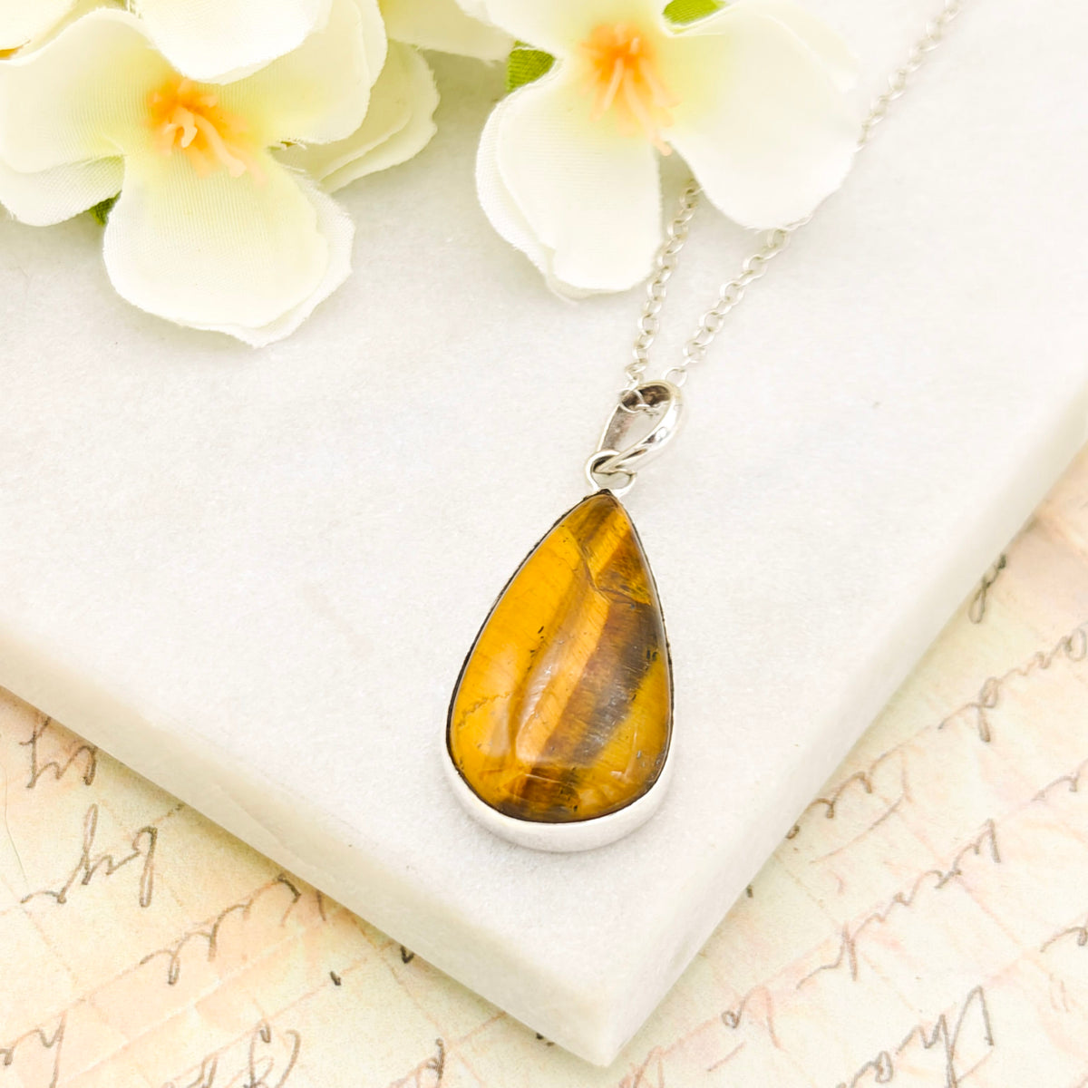Hepburn and Hughes Tiger's Eye Pendant in Sterling Silver | 18th anniversary Gift and June Birthstone