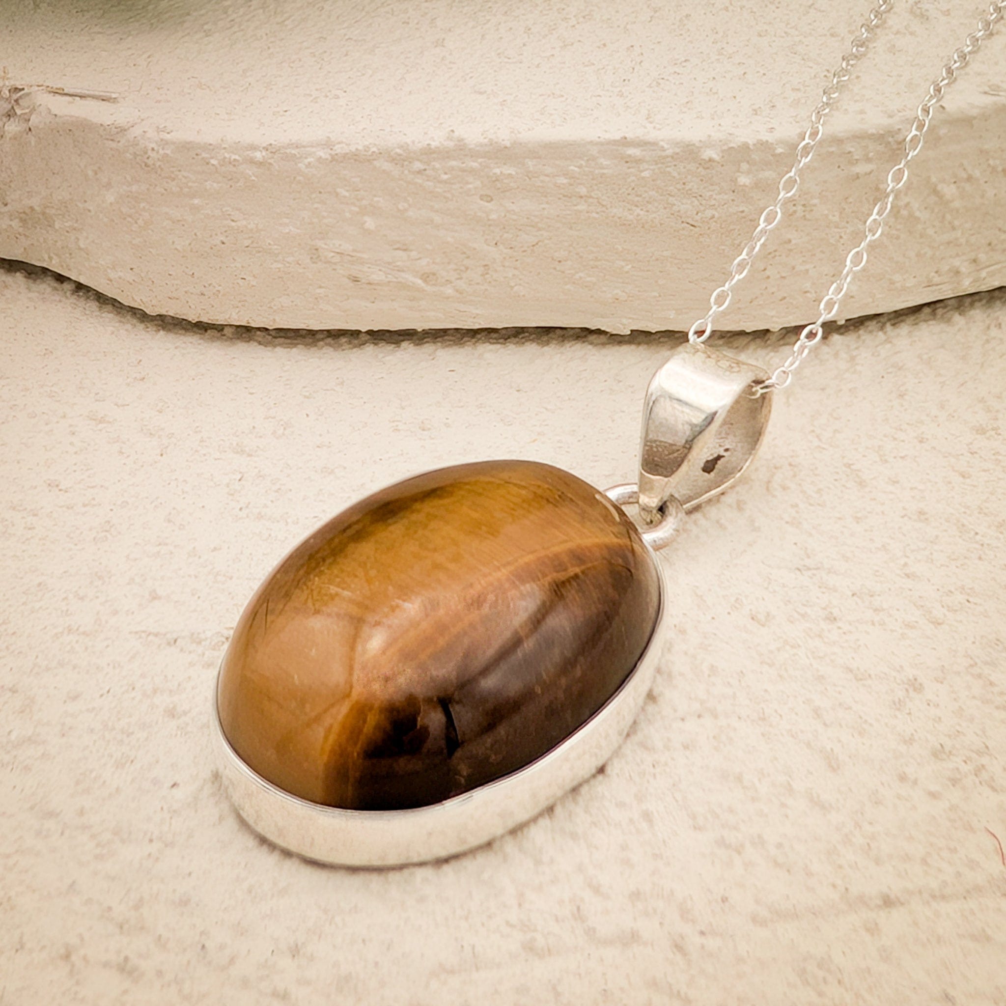 Hepburn and Hughes Tigers Eye Gemstone Pendant | Oval | June Birthstone | Sterling Silver