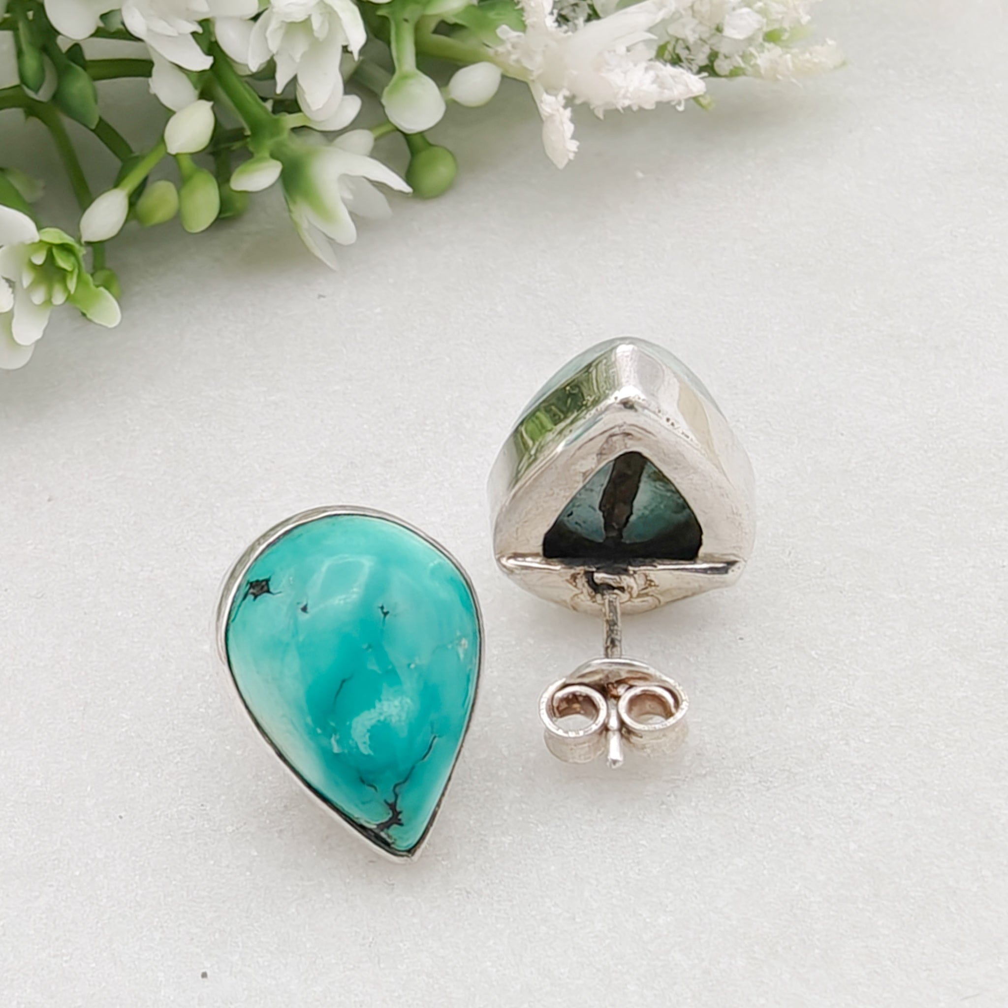 Hepburn and Hughes Turquoise Earrings | 15mm Teardrop Studs | December Birthstone | Sterling Silver