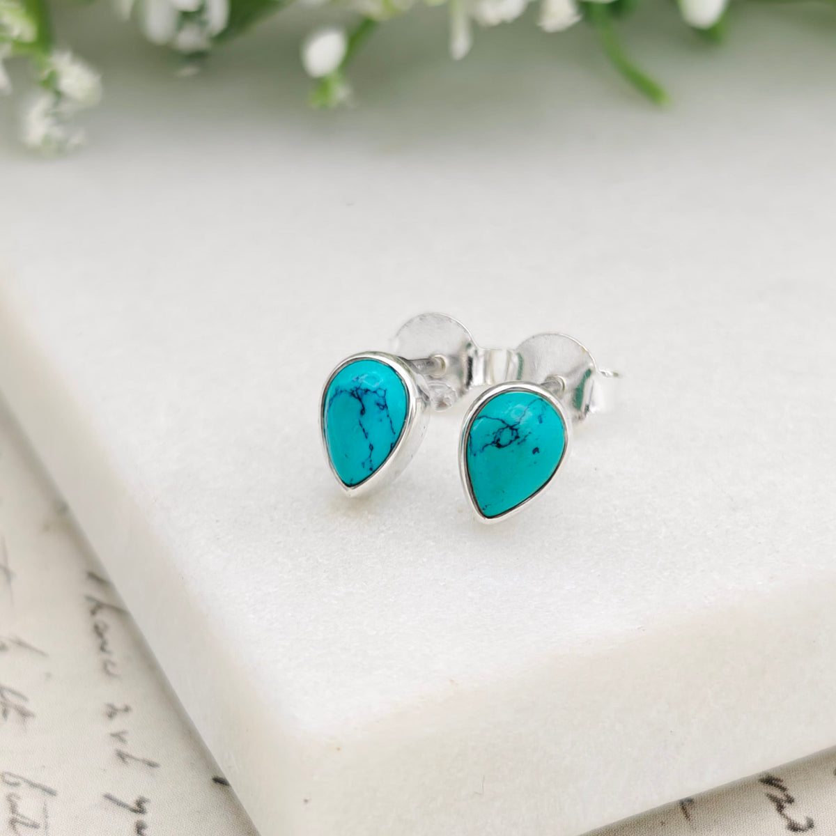 Hepburn and Hughes Turquoise Earrings | 7mm Teardrop Studs | December Birthstone | Sterling Silver