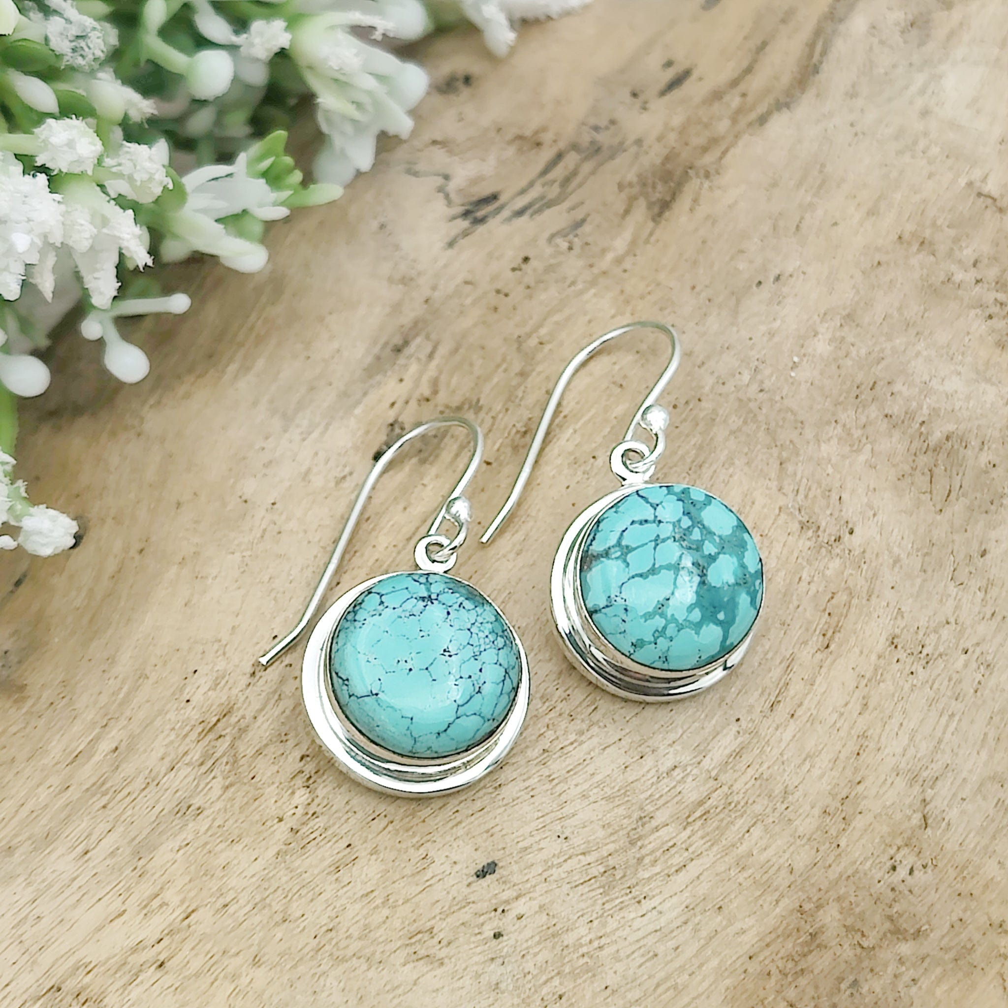 Hepburn and Hughes Turquoise Earrings | Round Stones with Ear Wire |  Sterling Silver