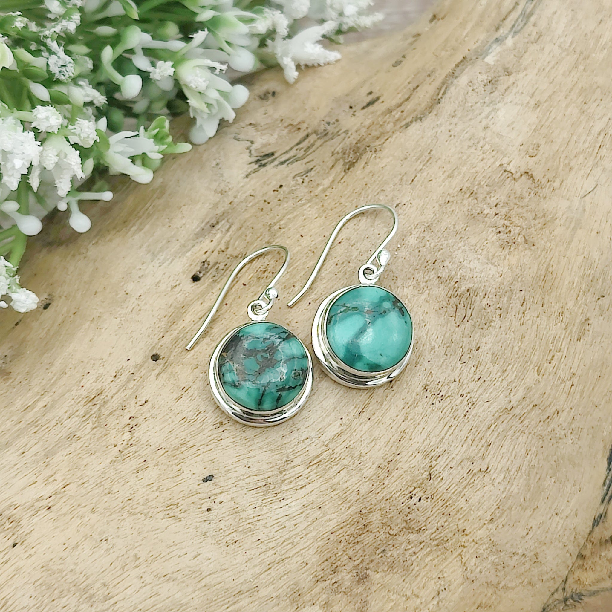 Hepburn and Hughes Turquoise Earrings | Round Stones with Ear Wire |  Sterling Silver