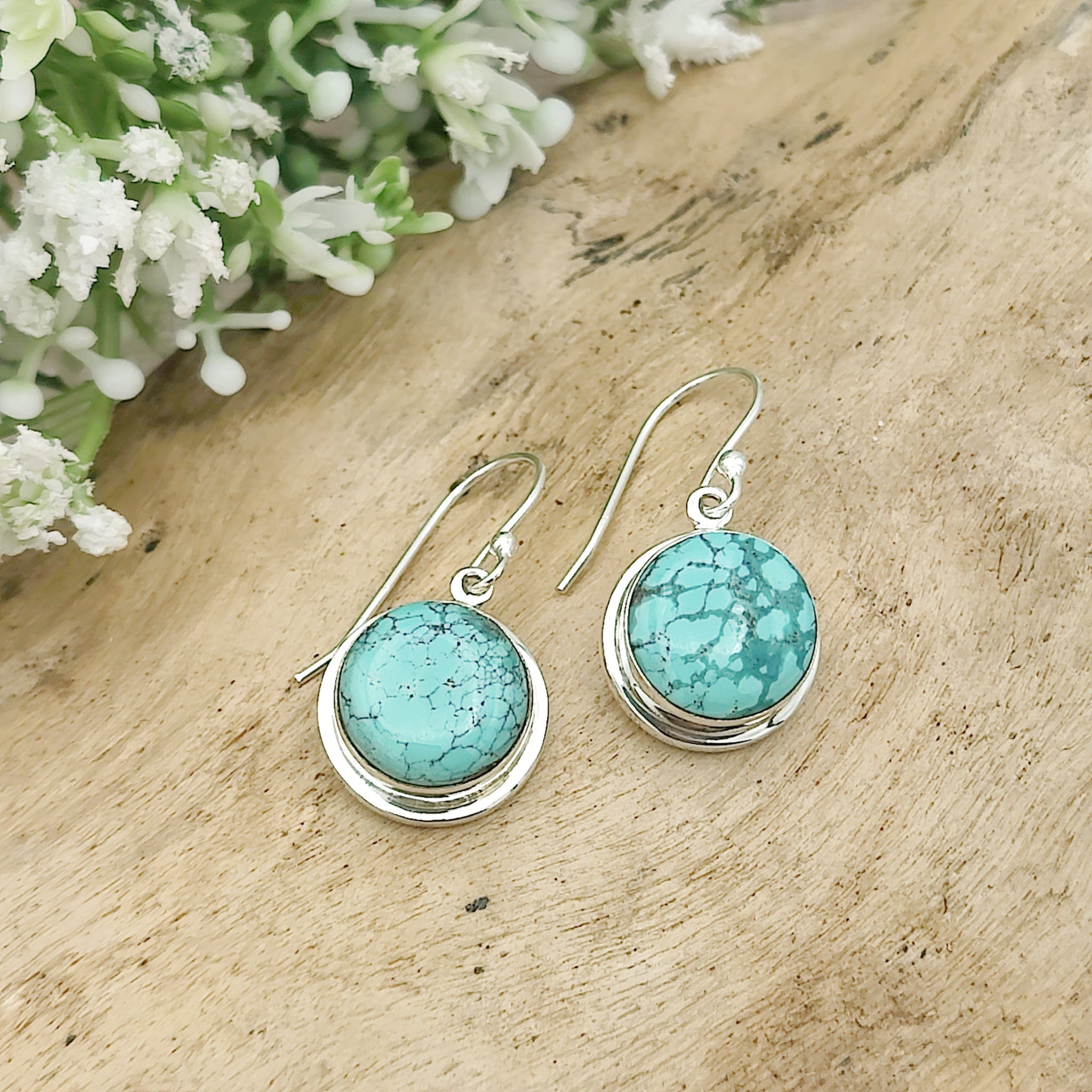 Hepburn and Hughes Turquoise Earrings | Round Stones with Ear Wire |  Sterling Silver