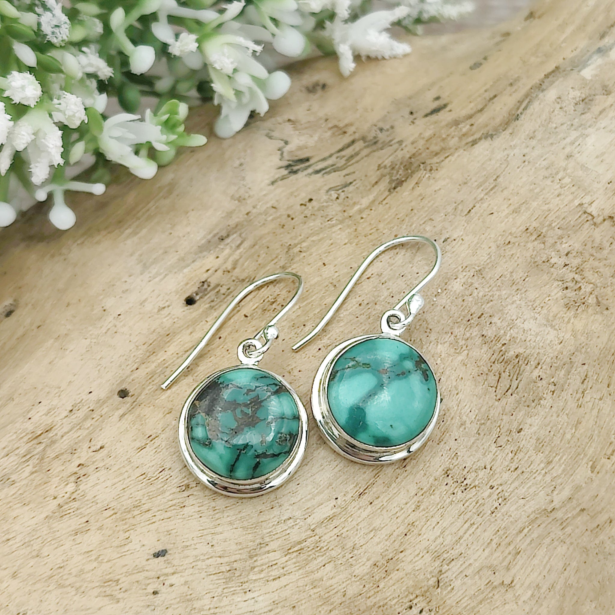 Hepburn and Hughes Turquoise Earrings | Round Stones with Ear Wire |  Sterling Silver