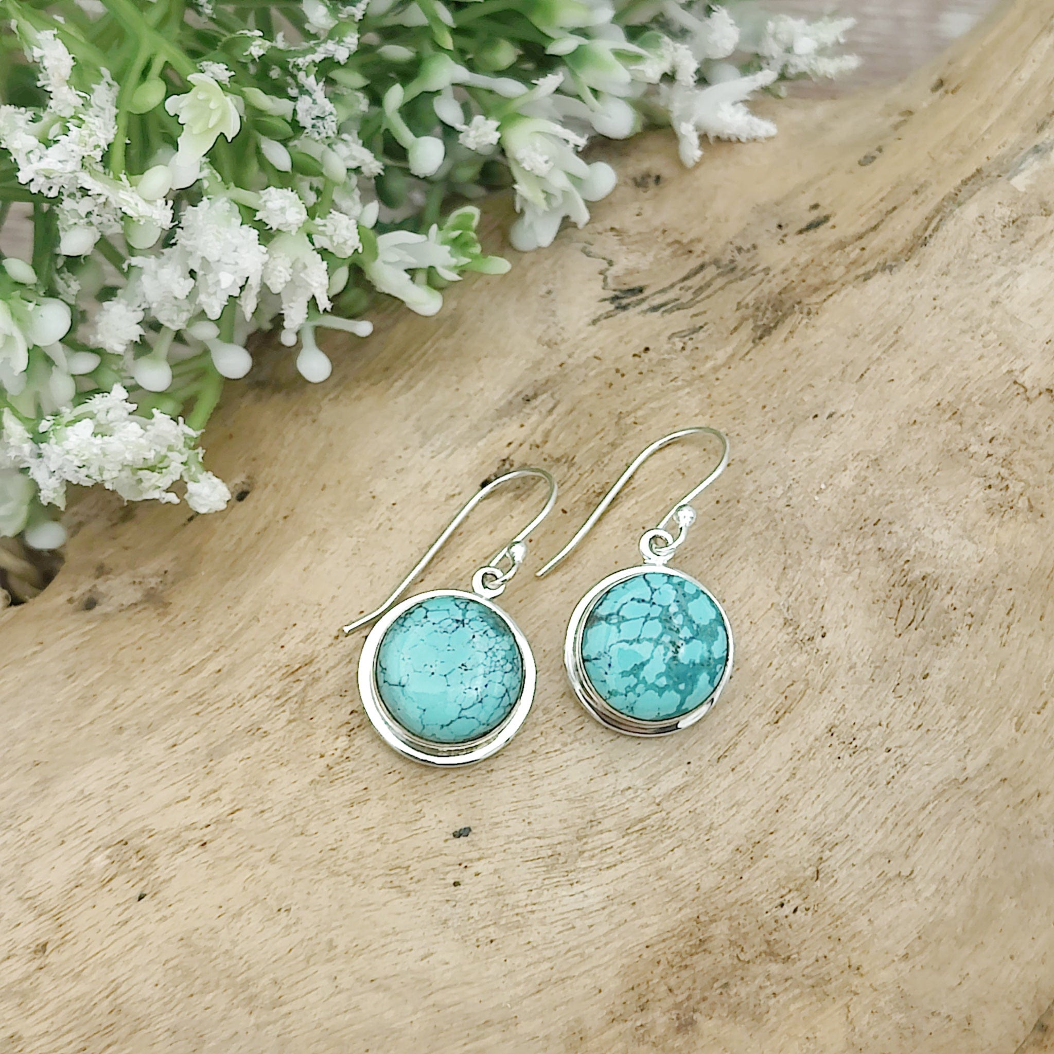 Hepburn and Hughes Turquoise Earrings | Round Stones with Ear Wire |  Sterling Silver