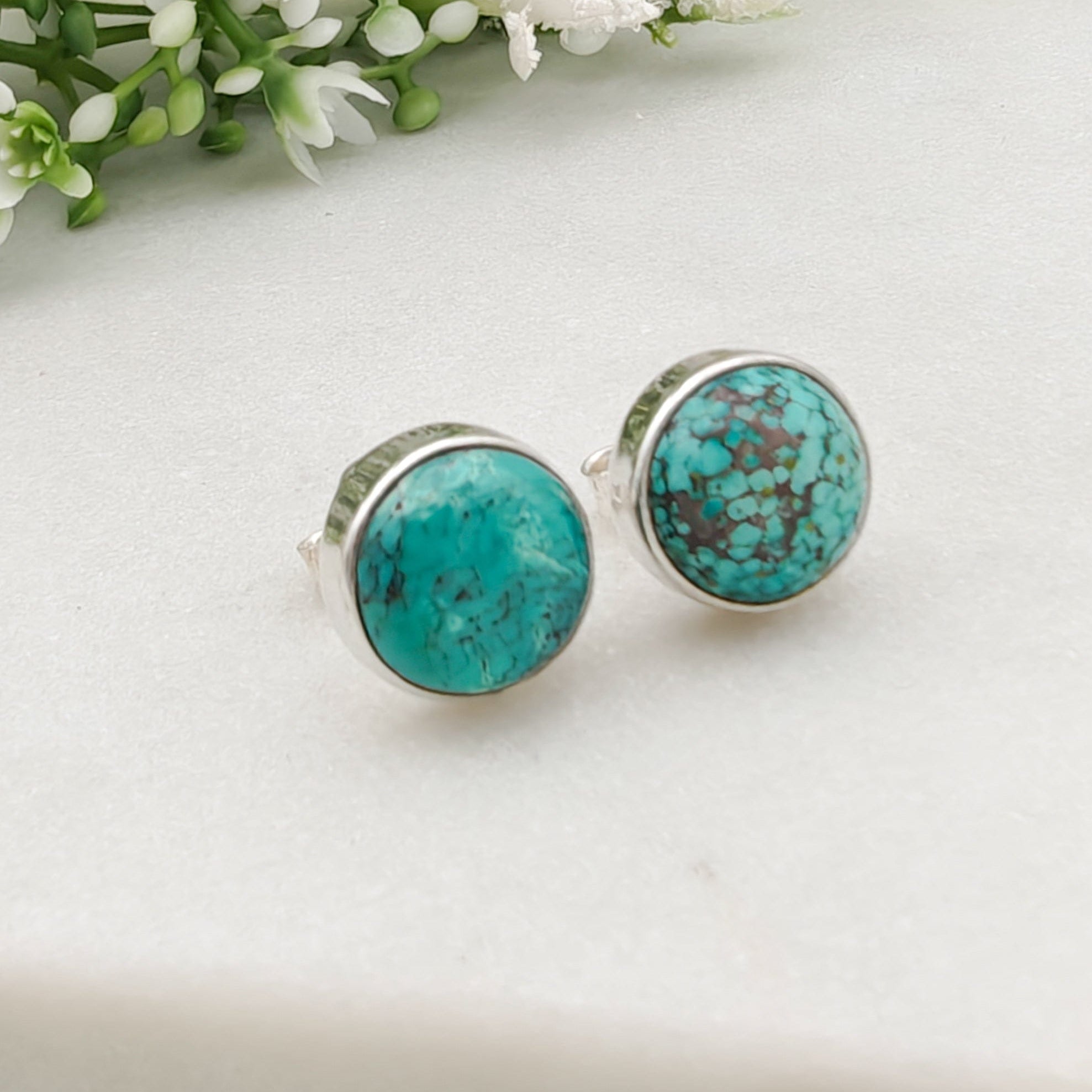 Hepburn and Hughes Turquoise Earrings | Round Stud Earrings | Blue Gemstone | Sterling Silver