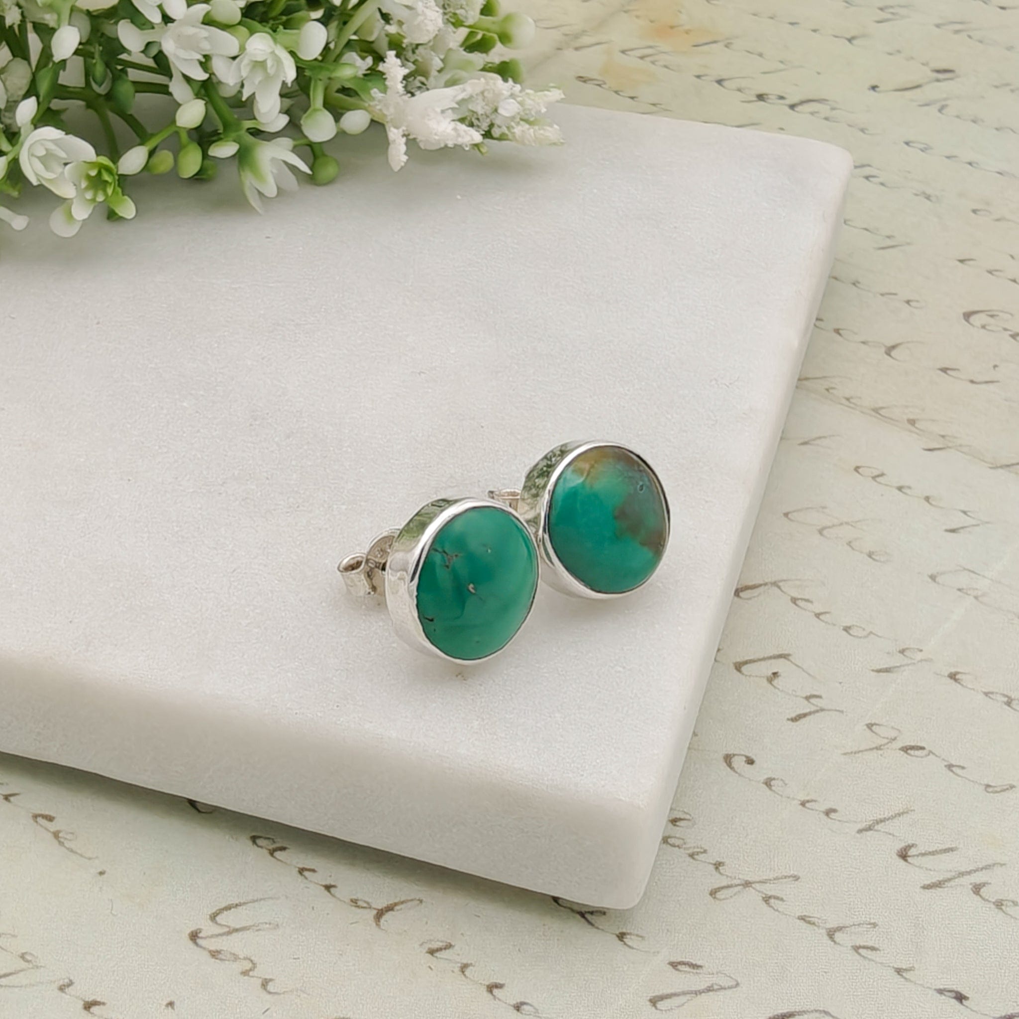 Hepburn and Hughes Turquoise Earrings | Round Stud Earrings | Blue Gemstone | Sterling Silver