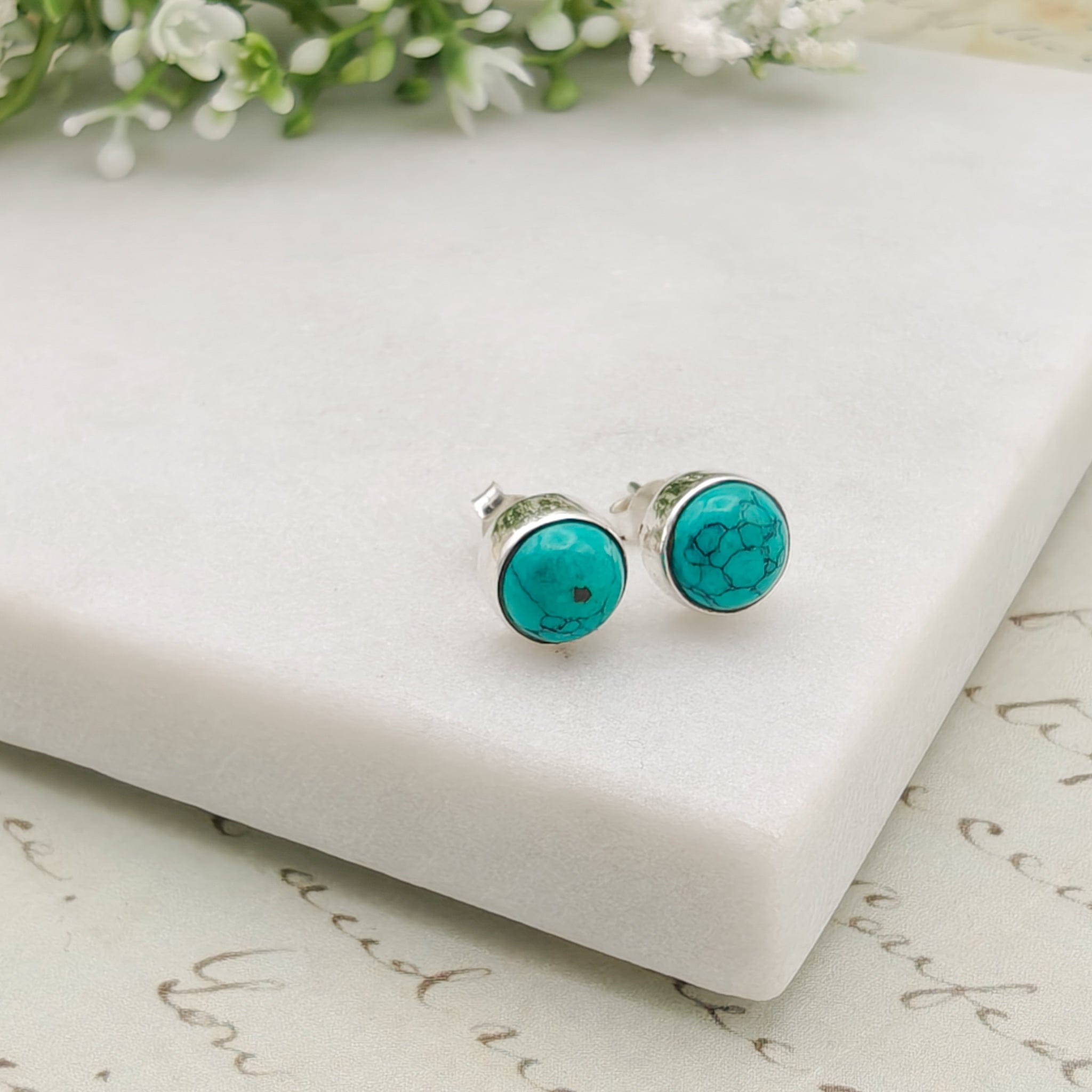 Hepburn and Hughes Turquoise Earrings | Round Stud Earrings | Blue Gemstone | Sterling Silver