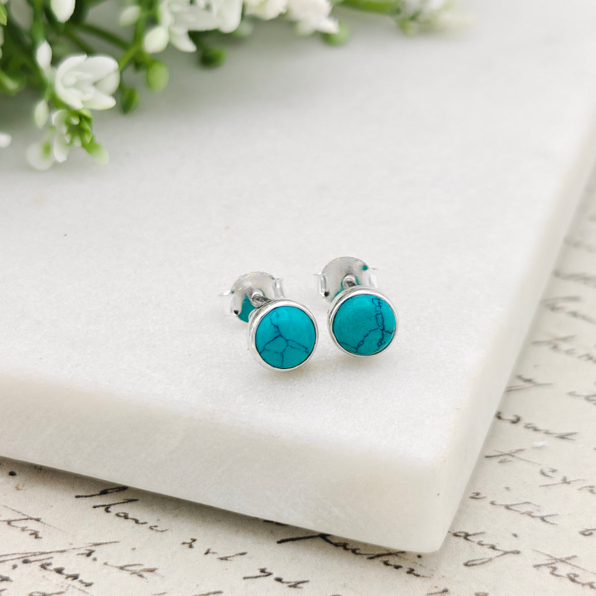 Hepburn and Hughes Turquoise Earrings | Round Stud Earrings | Blue Gemstone | Sterling Silver
