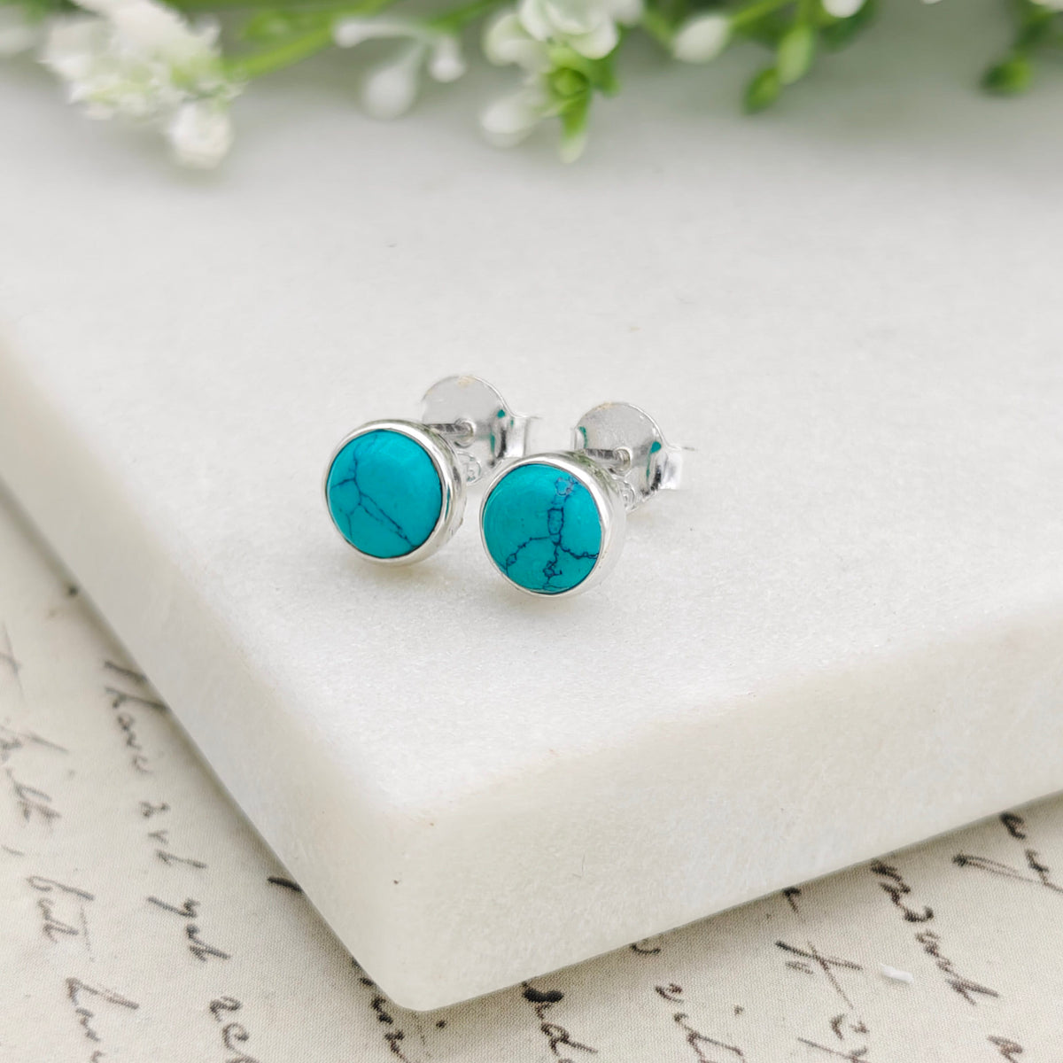 Hepburn and Hughes Turquoise Earrings | Round Stud Earrings | Blue Gemstone | Sterling Silver