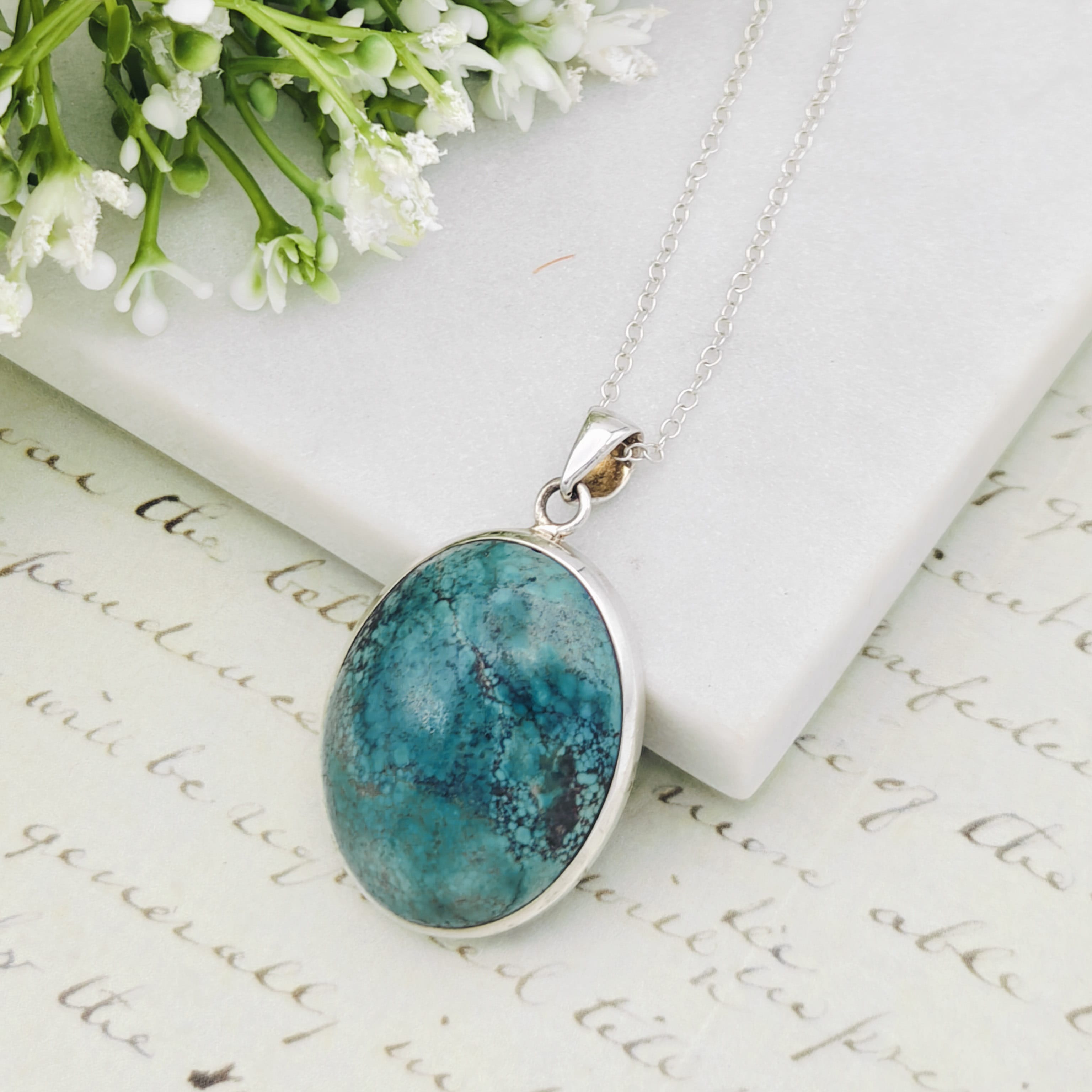 Hepburn and Hughes Turquoise Gemstone 33mm Pendant | December Gift | Sterling Silver