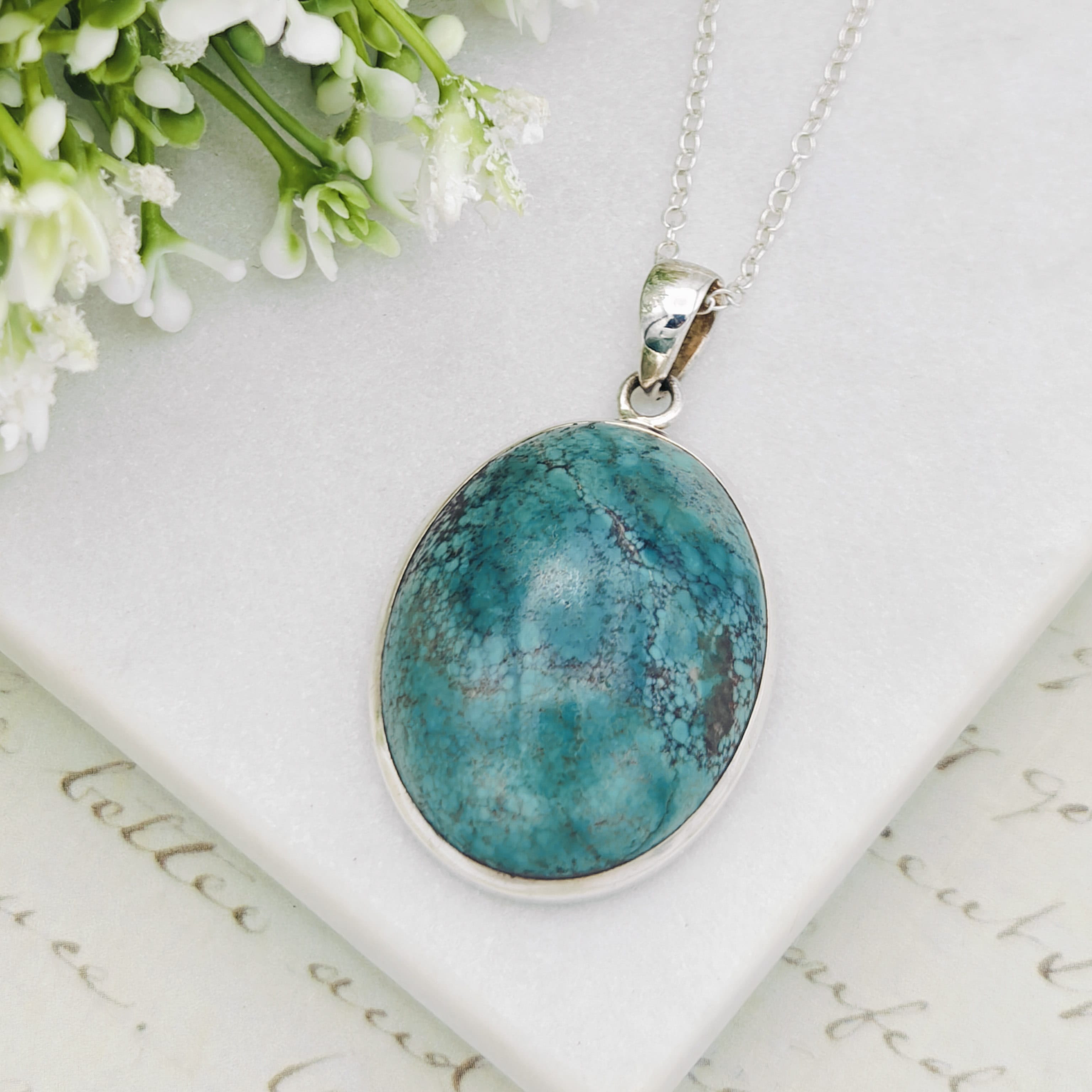 Hepburn and Hughes Turquoise Gemstone 33mm Pendant | December Gift | Sterling Silver
