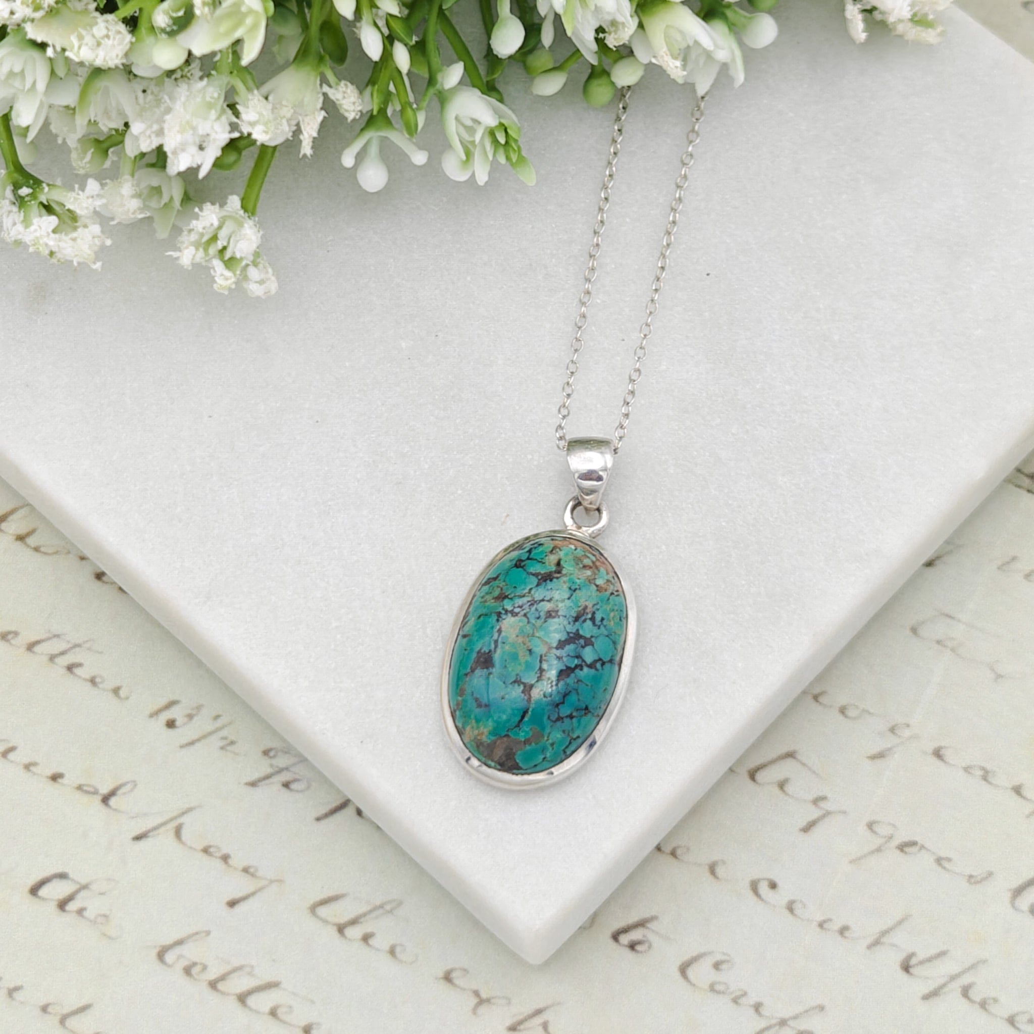 Hepburn and Hughes Turquoise Gemstone Pendant | December Gift | 25mm Oval | Sterling Silver