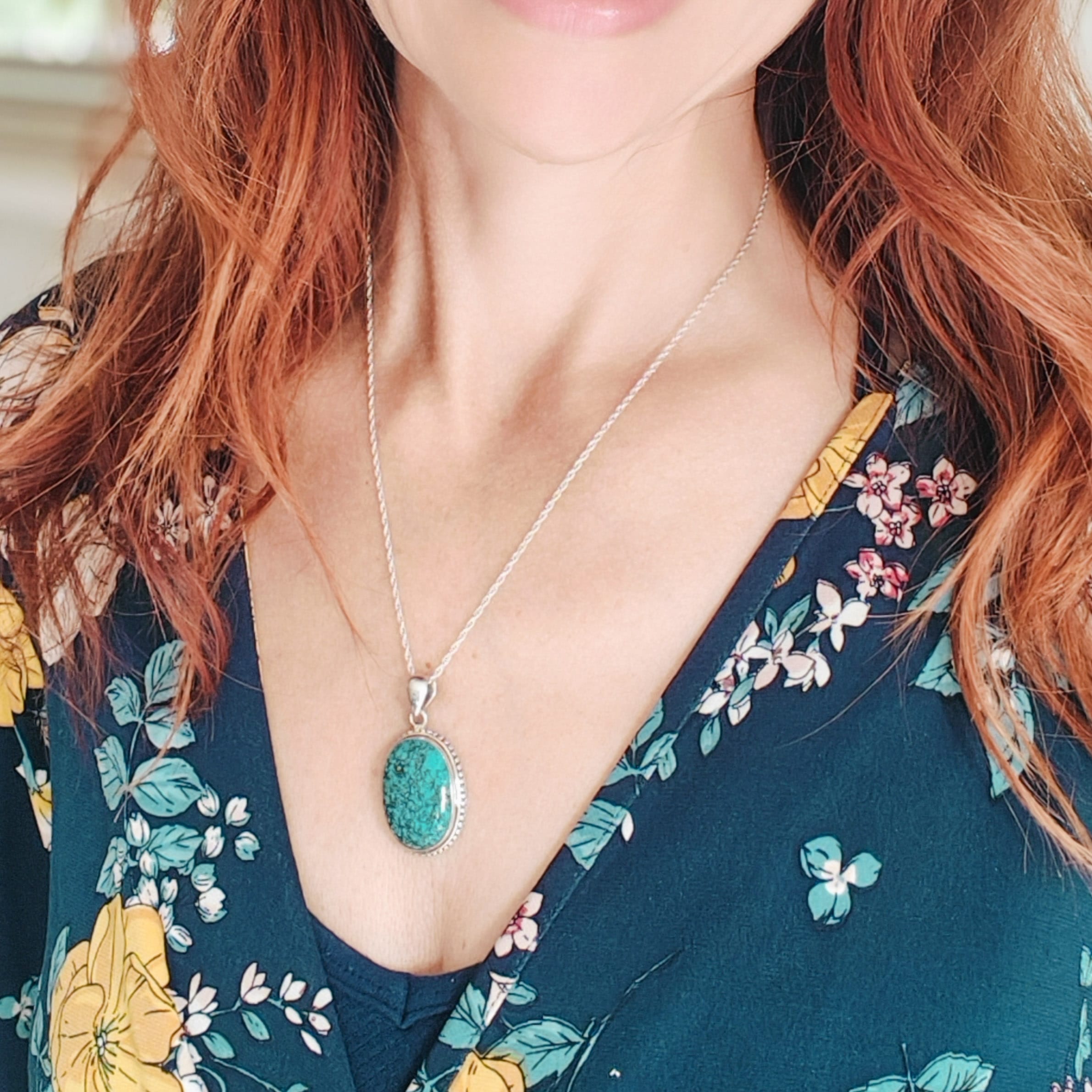 Hepburn and Hughes Turquoise Gemstone Pendant | December Gift | 25mm Oval | Sterling Silver