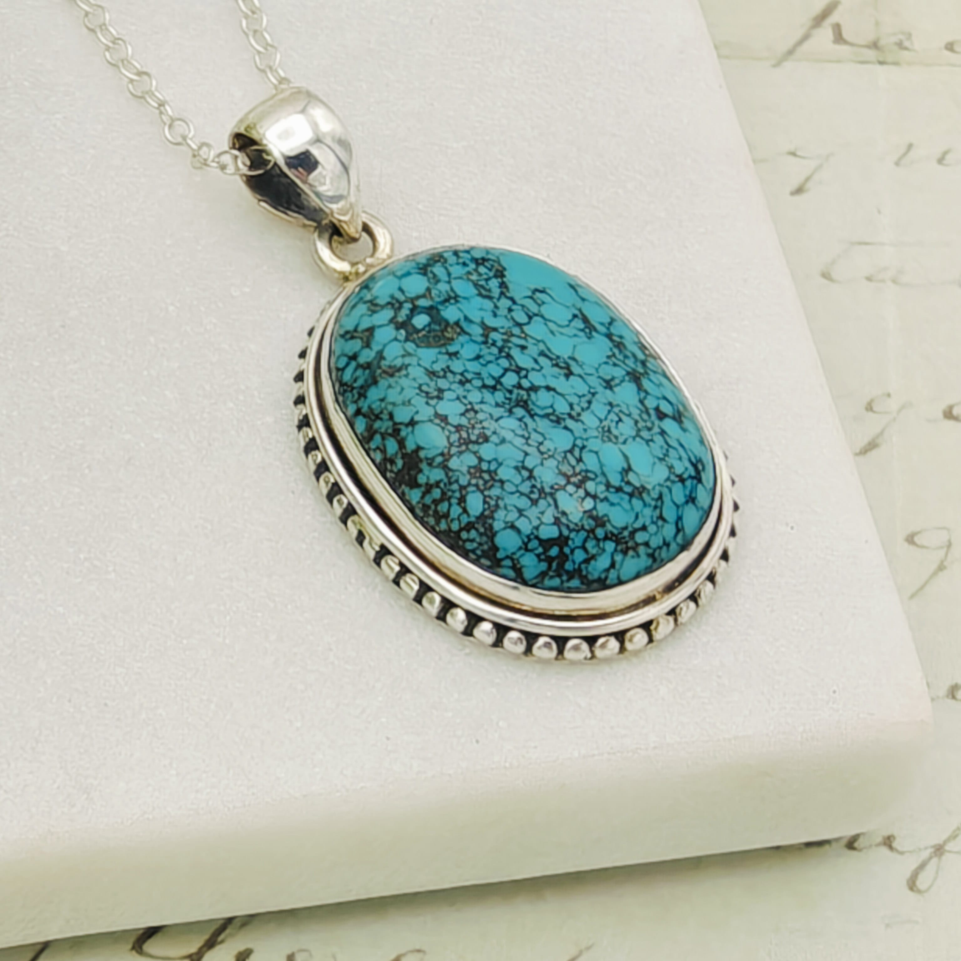 Hepburn and Hughes Turquoise Gemstone Pendant | December Gift | 25mm Oval | Sterling Silver