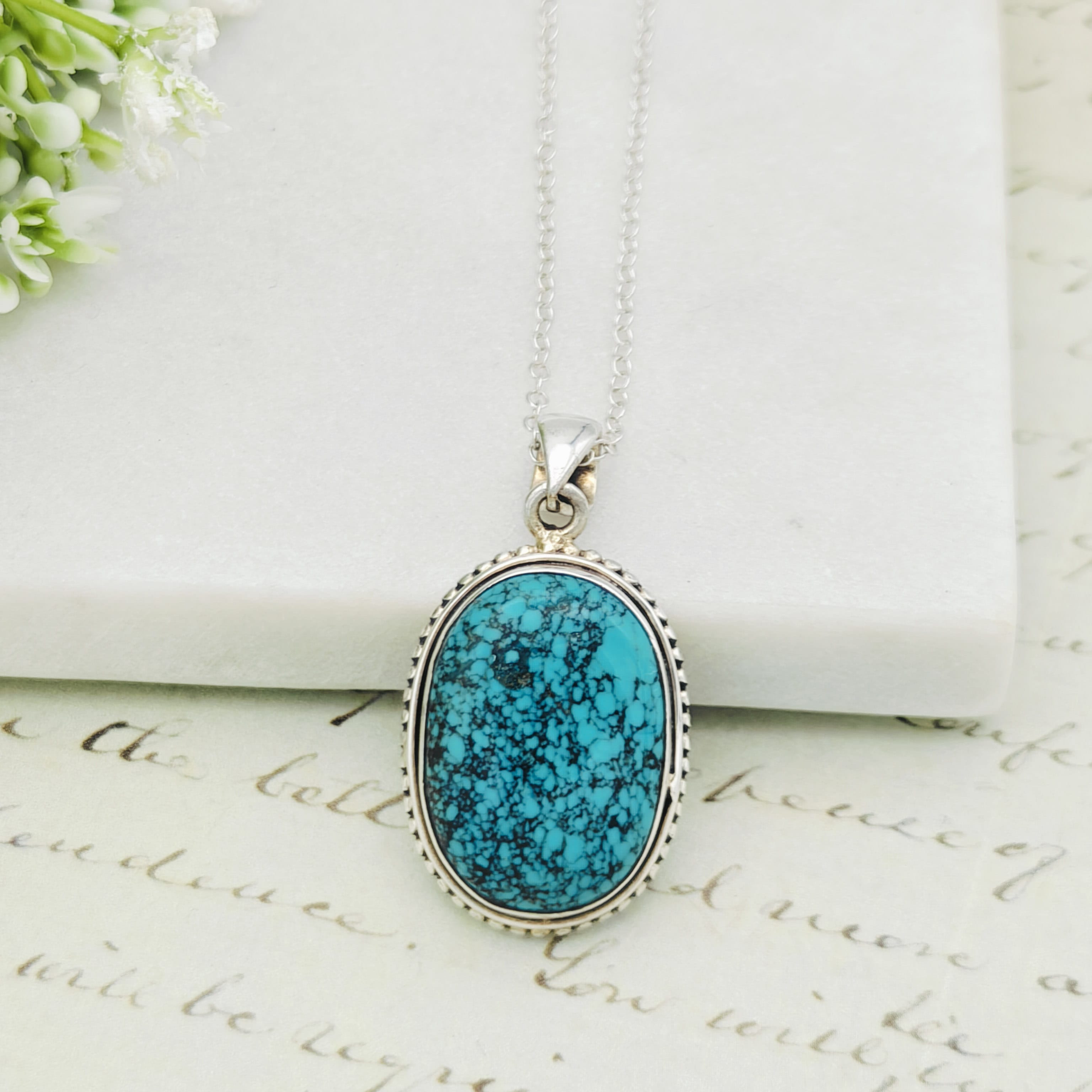 Hepburn and Hughes Turquoise Gemstone Pendant | December Gift | 25mm Oval | Sterling Silver