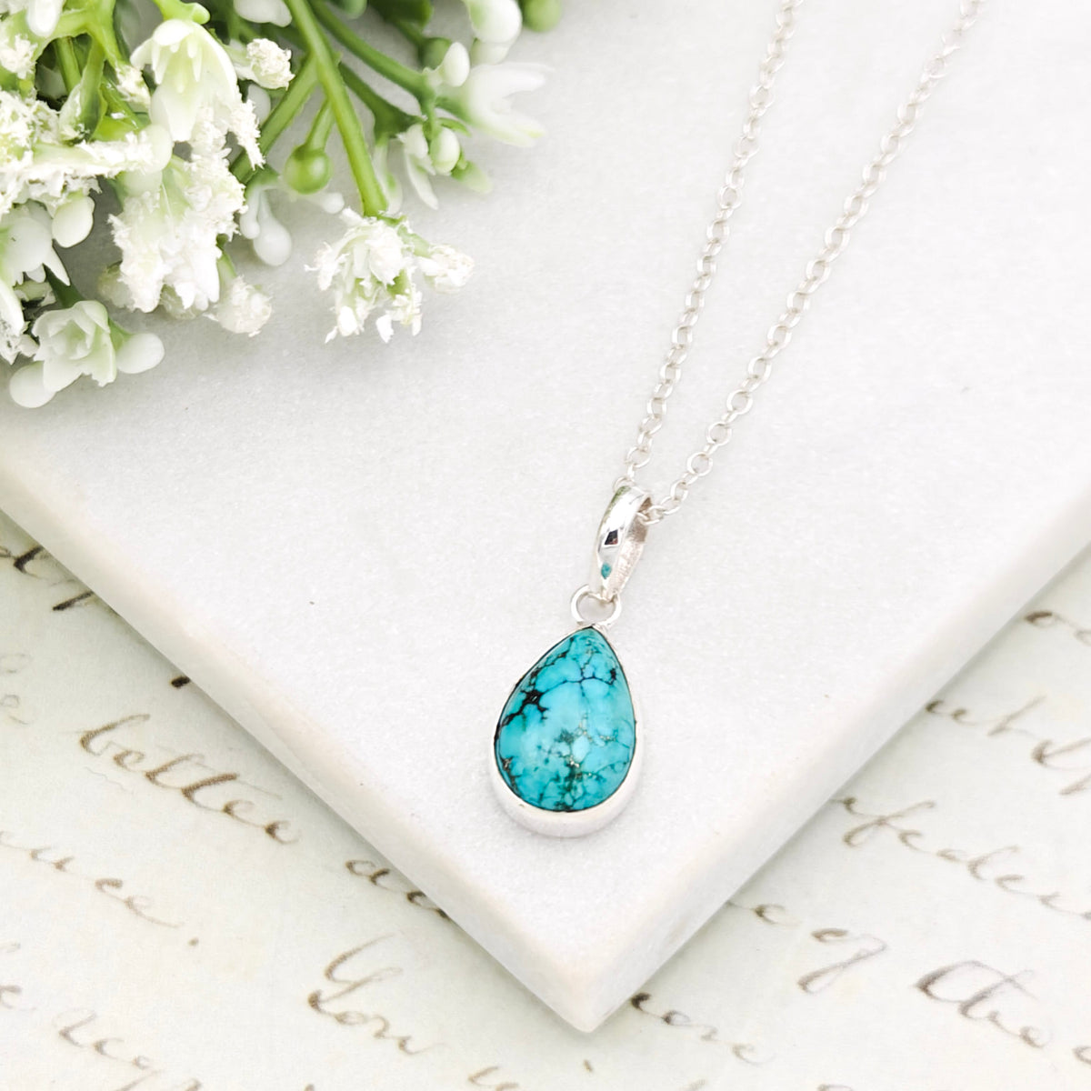 Hepburn and Hughes Turquoise Pendant | 15mm Teardrop | Birthstone Gift | Sterling Silver