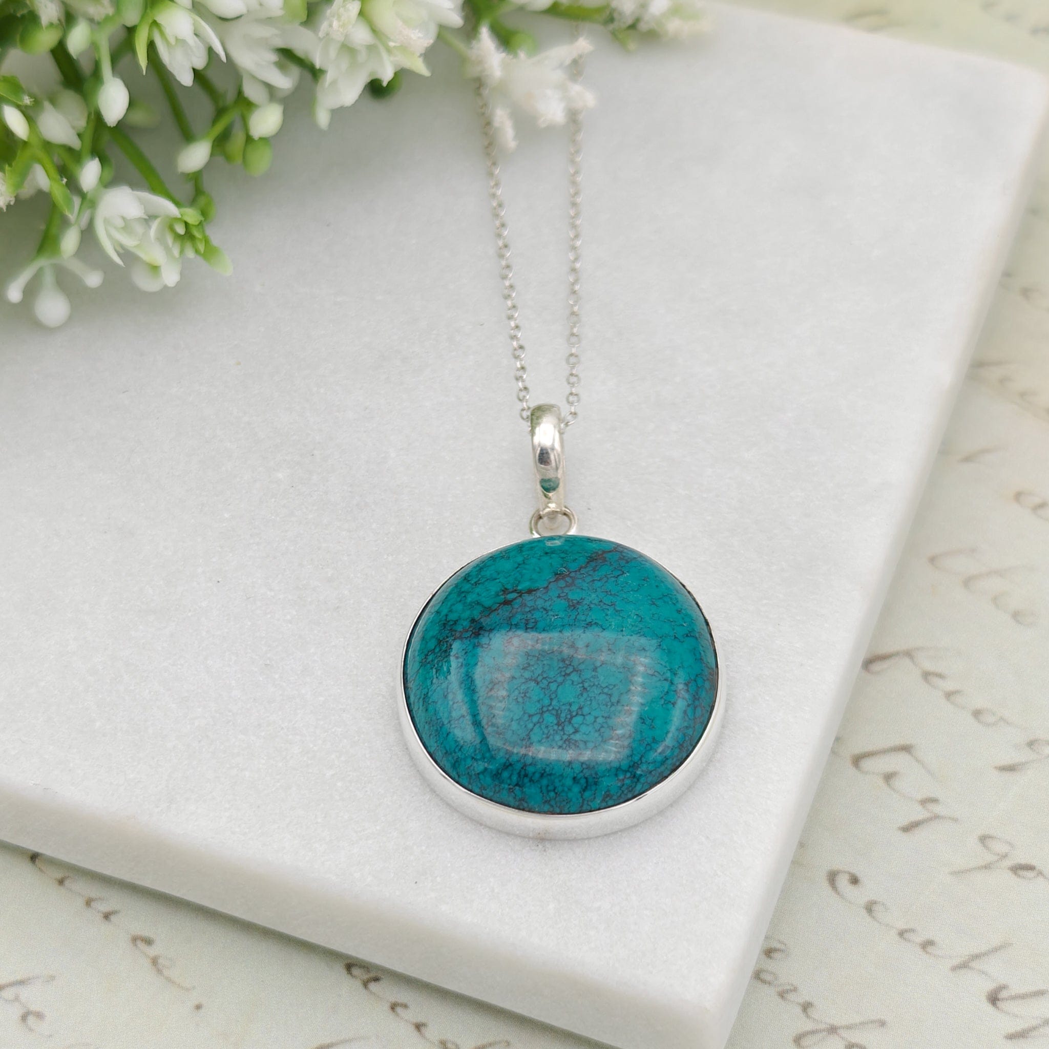 Hepburn and Hughes Turquoise Pendant | 30mm Circle | December birthstone | Sterling Silver
