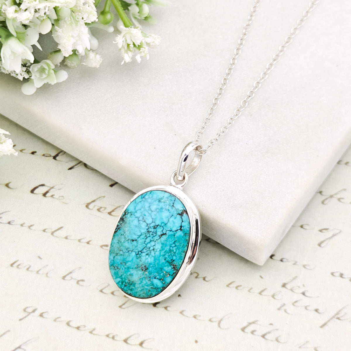 Hepburn and Hughes Turquoise Pendant in Sterling Silver | 25mm Blue Gemstone | 11th Anniversary