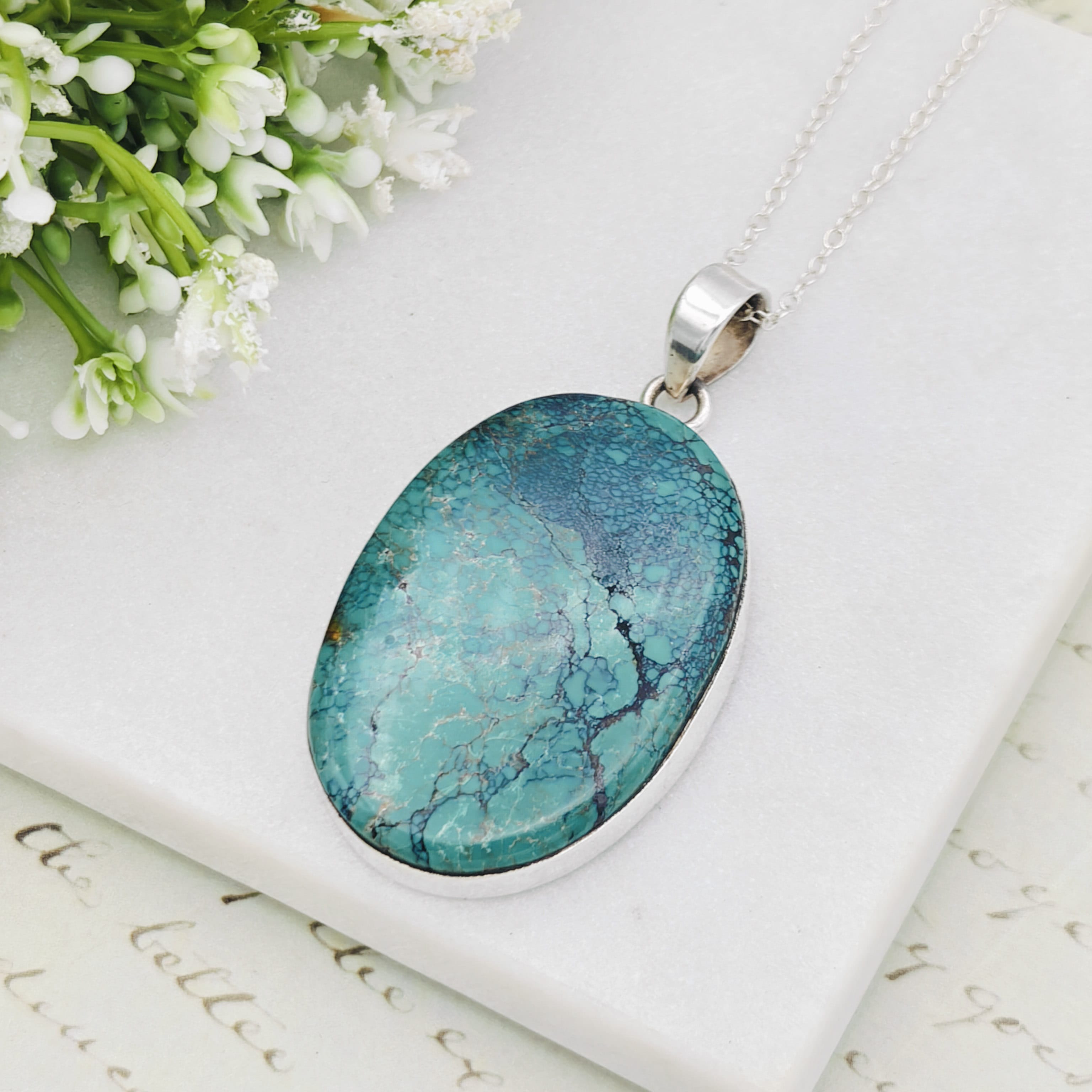 Hepburn and Hughes Turquoise Pendant in Sterling Silver | 43mm Statement Blue Gemstone | 11th Anniversary