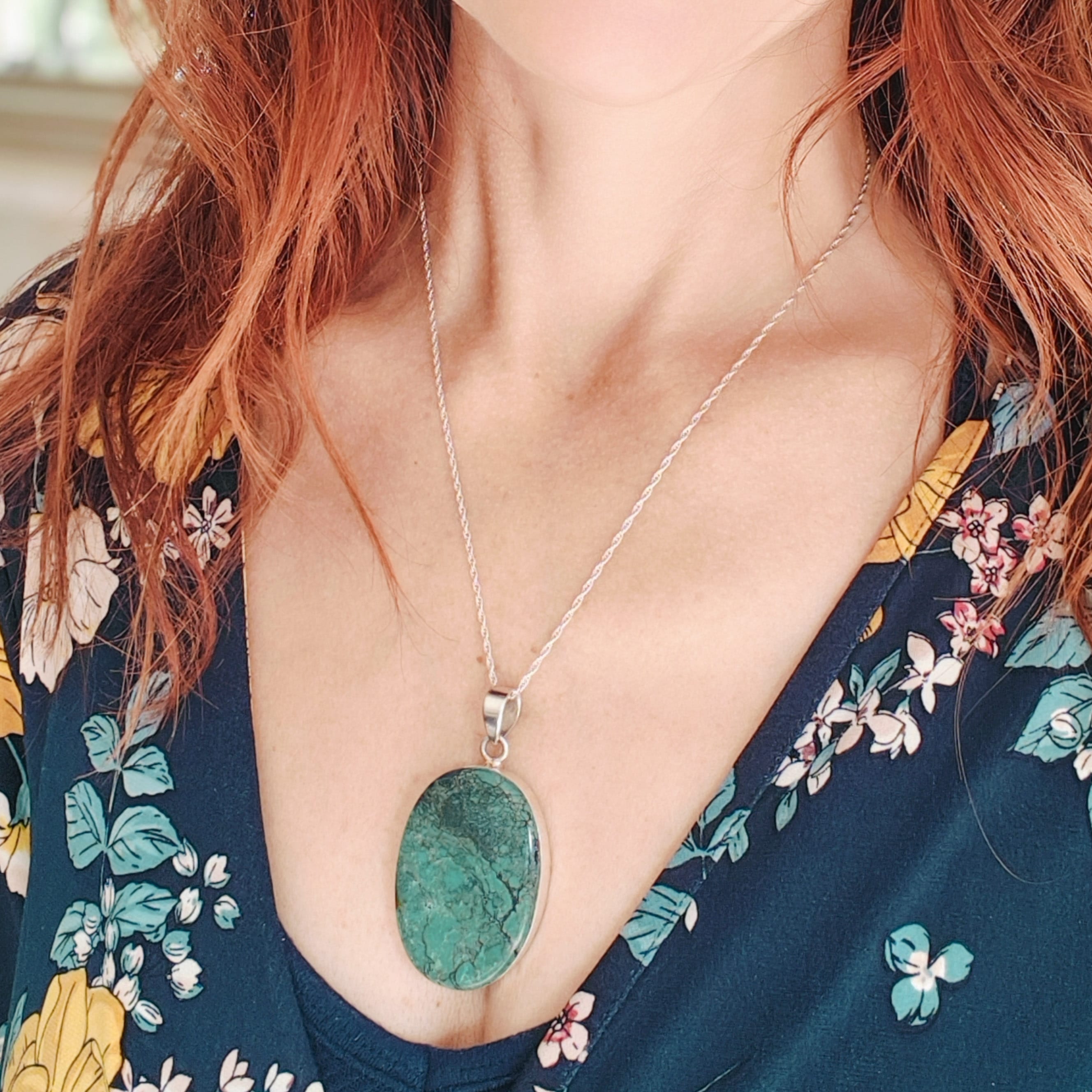 Hepburn and Hughes Turquoise Pendant in Sterling Silver | 43mm Statement Blue Gemstone | 11th Anniversary
