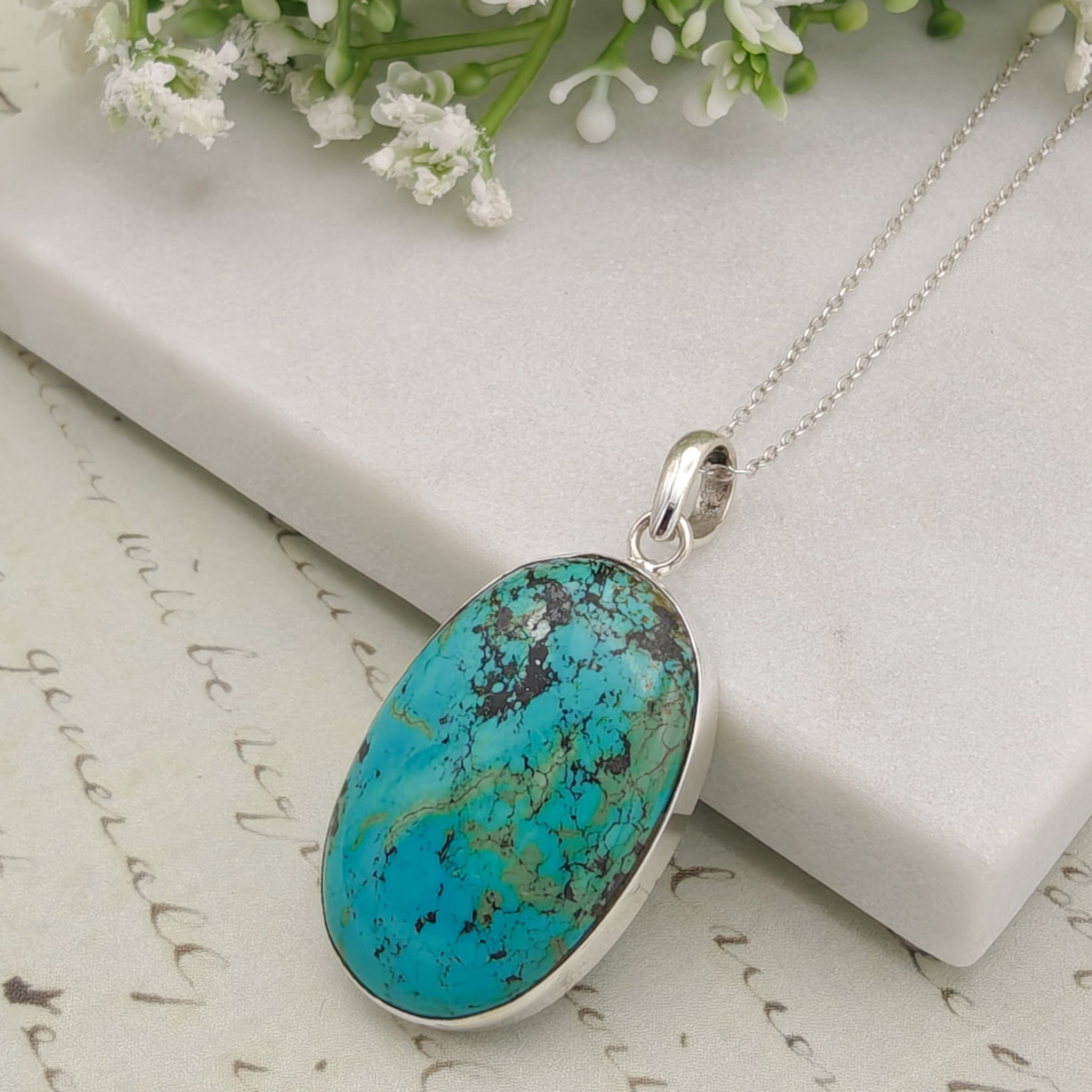 Hepburn and Hughes Turquoise Pendant | Oval Gemstone Necklace | Sterling Silver